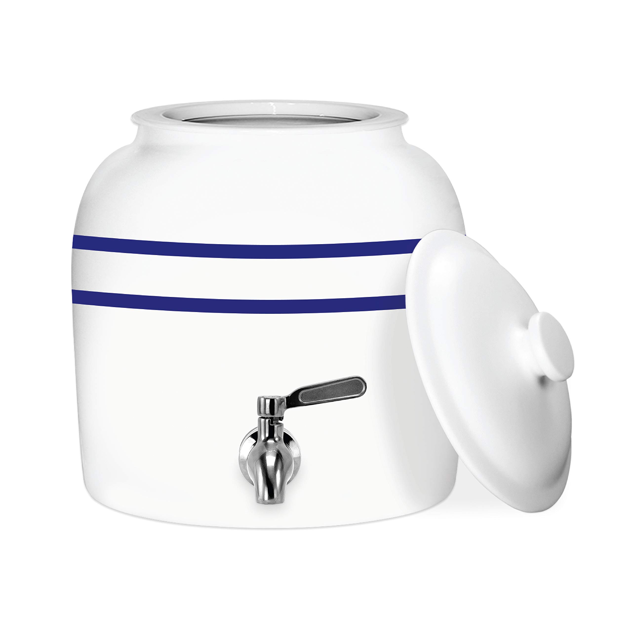 Geo Sports Porcelain Ceramic Crock Water Dispenser with Stainless Steel Faucet - 3 to 5 Gallon Jug Capacity - Blue Stripe Design for Home, Office & Outdoor Use - Includes Valve & Lid - Perfect for Kitchen, Camping & Parties