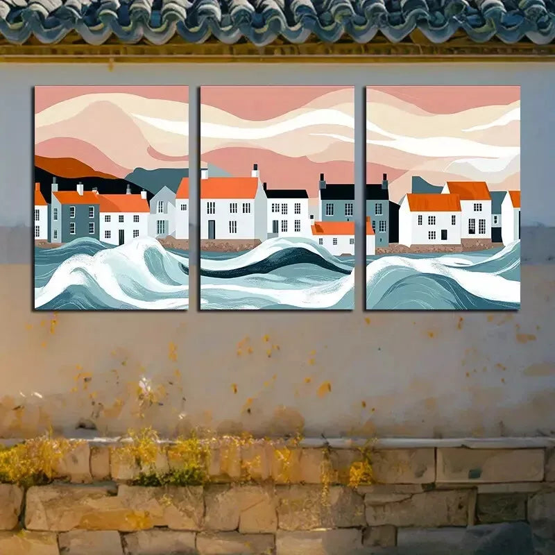 3-Piece Pastoral Coastal Town Vector Art Wall Decor Set - Framed Canvas Prints 50x70cm | High-Quality Australian Made Wall Art | Perfect for Living Room, Bedroom & Office Decor