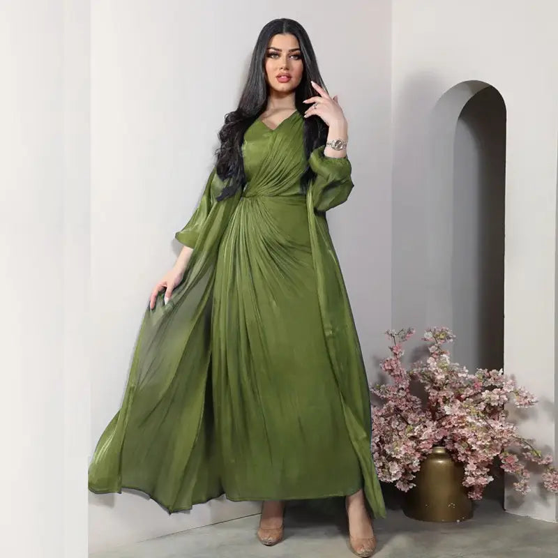 2 Piece Set Bright Satin Open Abaya Dress with Inner Sleeveless Dress - Muslim Prayer Dress, Eid Outfit, Ramadan Fashion, Modest Evening Wear for Women