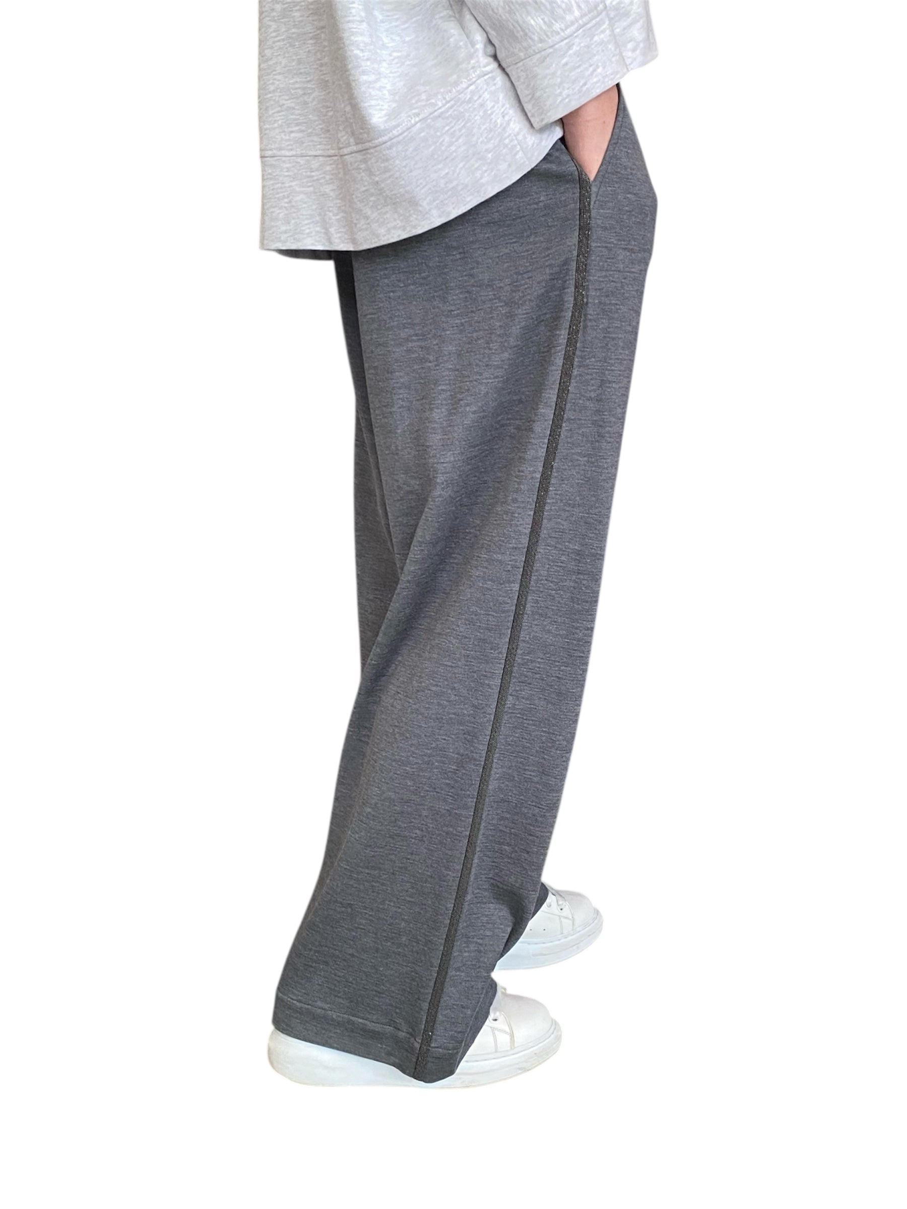 Brunello Grey Wide Leg Monili Pants for Women - Comfortable High Waist Palazzo Trousers for Office, Travel & Casual Wear