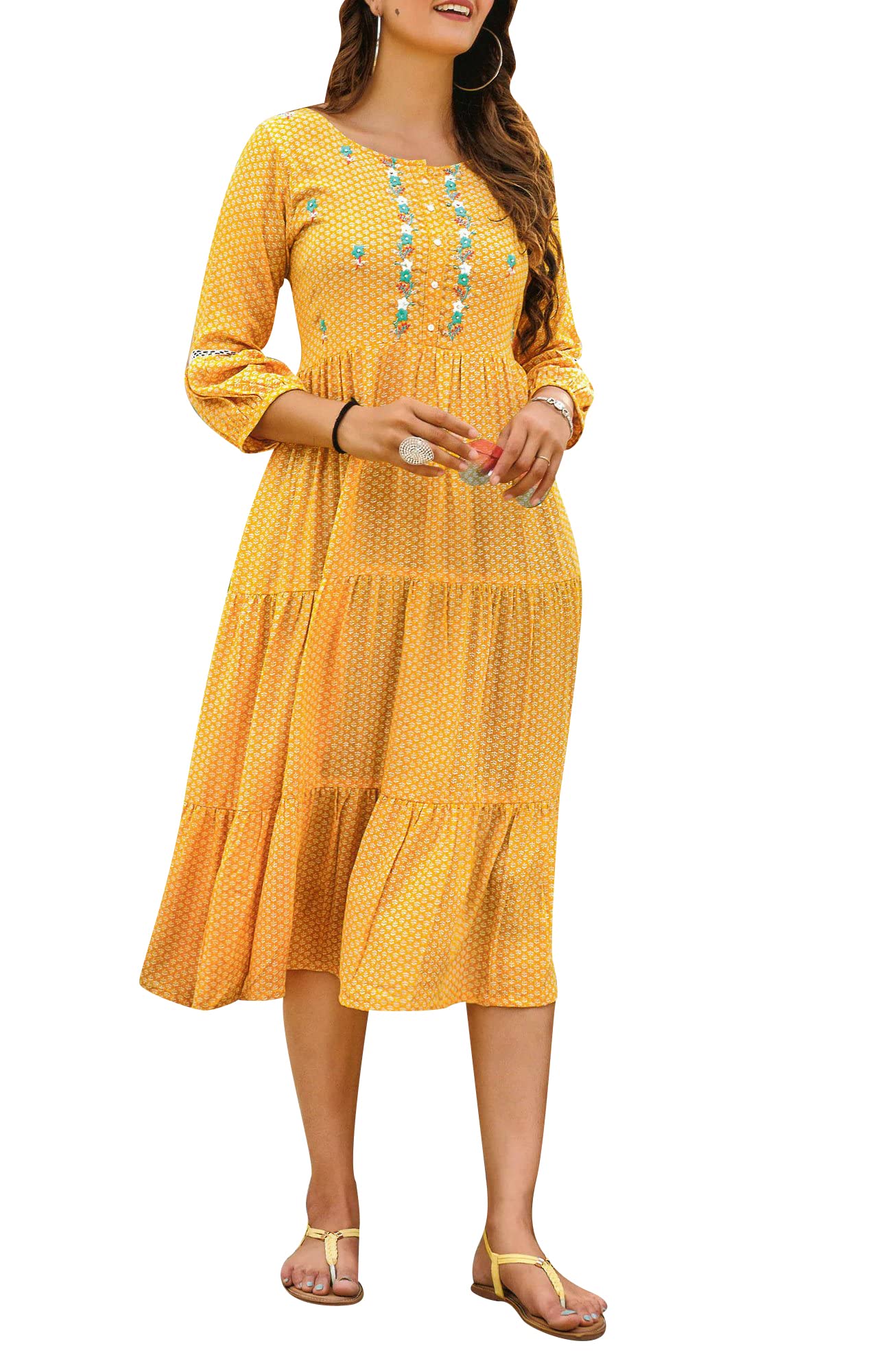 Ladyline Women's Casual Rayon Printed Maxi Dress - Floor Length Flowy Kurti Tiered A-Line Summer Dress for Beach, Vacation & Boho Style Outfits