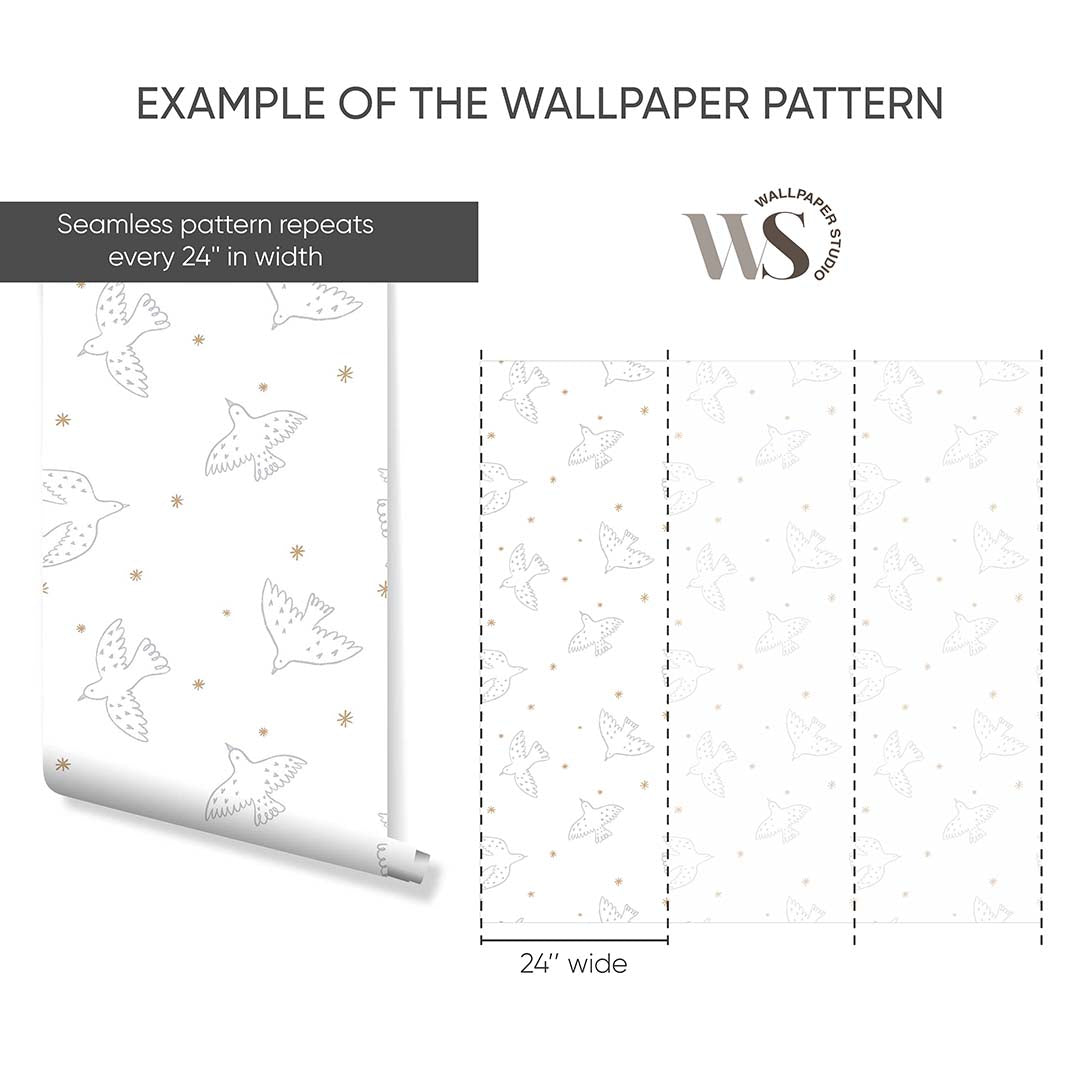 Gray Birds & Stars Wallpaper S050 - Peel and Stick Removable Wallpaper for Bedroom, Nursery, Living Room Decor