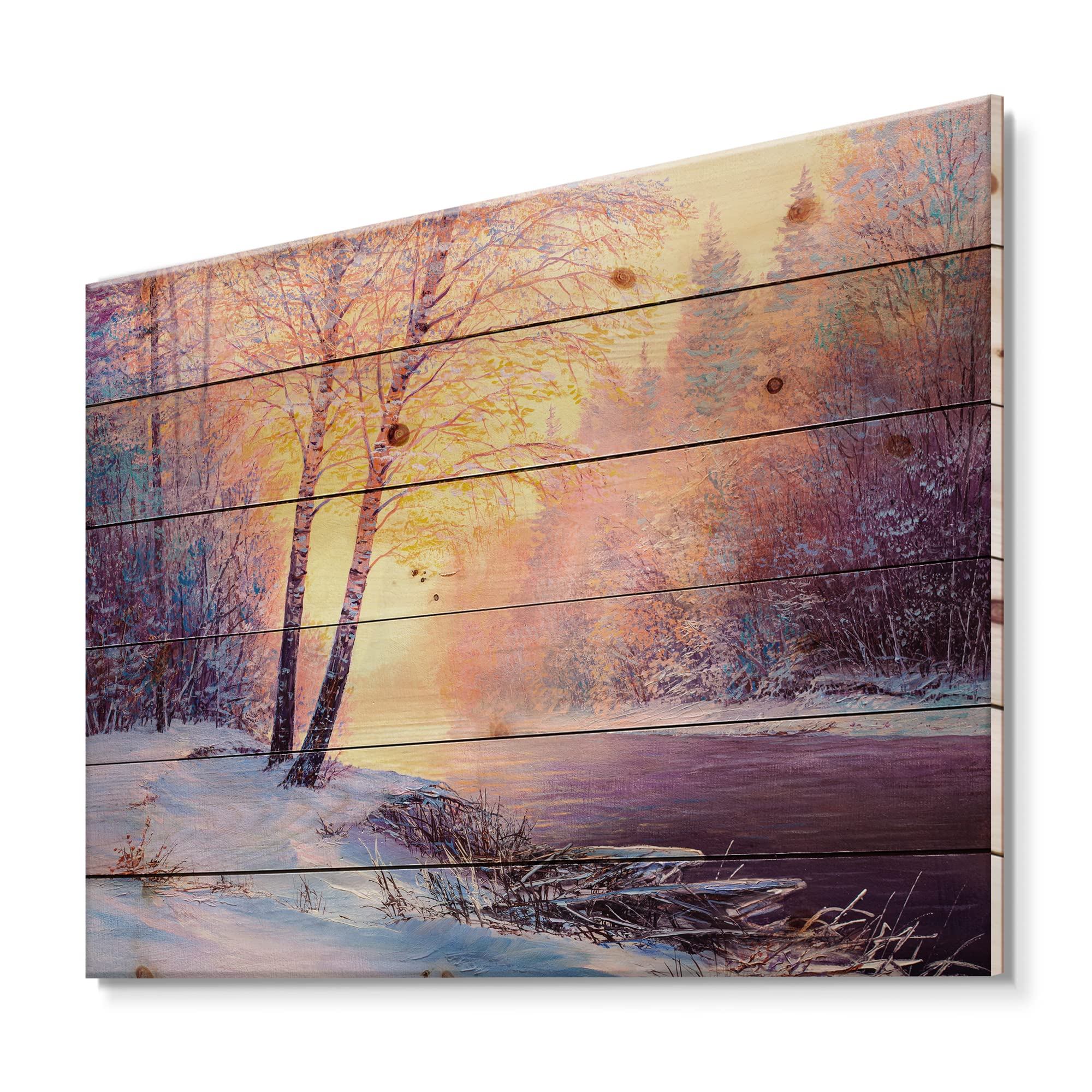 Winter Scenery With Bridge Of Meandering River II - Lake House Art Print on Natural Pine Wood - Perfect for Cabin, Lodge & Home Decor