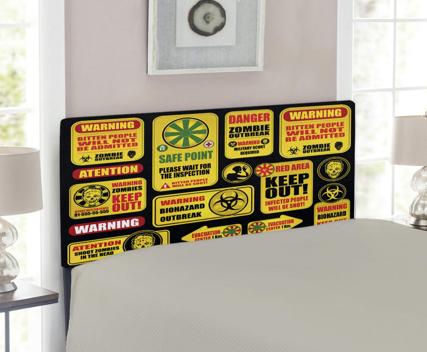 Ambesonne Zombie Headboard - Apocalypse Danger Signs & Safe Point Evil Phrase Modern Print - Upholstered Decorative Metal Bed Headboard with Memory Foam - Twin Size in Yellow Grey Red - Perfect for Horror Themed Bedrooms & Gothic Home Decor