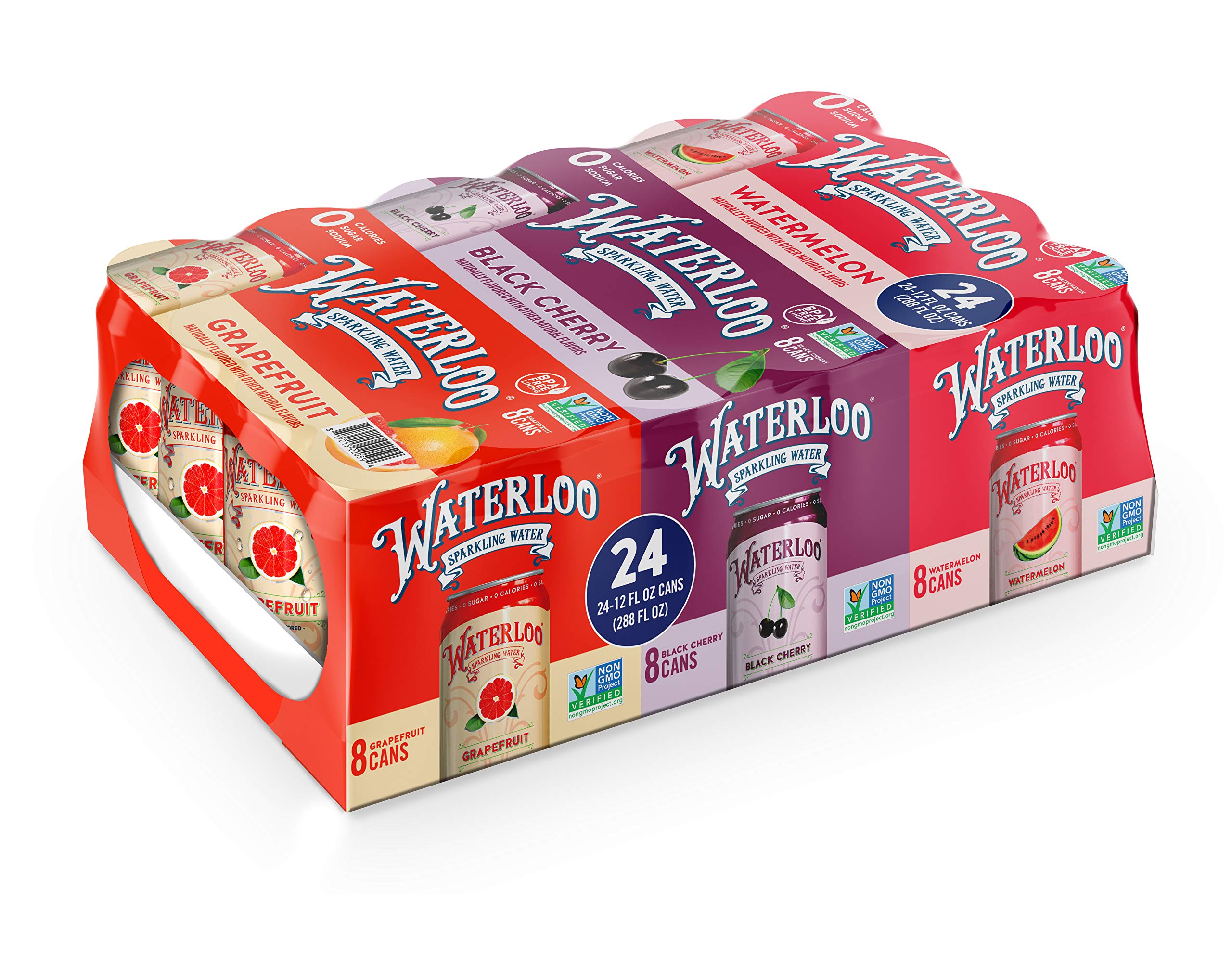 Waterloo Sparkling Water Variety Pack - 24 Cans (12 Fl Oz Each) - 8 Grapefruit, 8 Black Cherry, 8 Watermelon | Zero Calories, Sugar & Sodium | No Artificial Sweeteners | Refreshing Hydration for Home, Office or Gym | Perfect for Weight Loss & Healthy Lifestyle