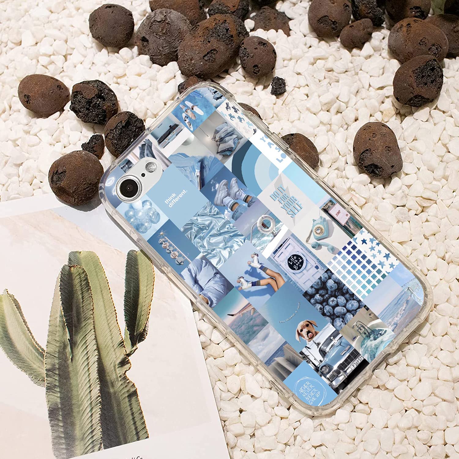 Aesthetic Clear Shockproof iPhone 7/8/SE Case - Vibe Beach Blue Collage Design Protective Cover | Perfect for Women & Girls | Great for Daily Use, Travel & Photo Shoots