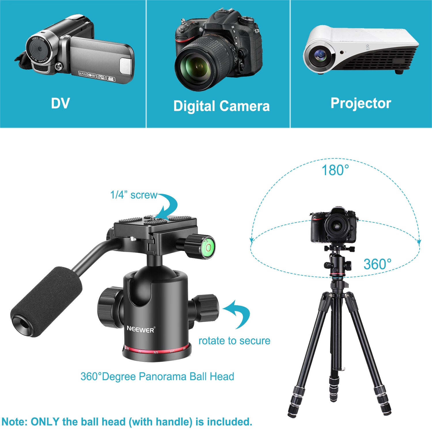 NEEWER Heavy Duty Camera Tripod Ball Head with Quick Release Plate - Professional 360° Panoramic Photography for DSLR Cameras, Video Shooting, Travel & Outdoor Adventures