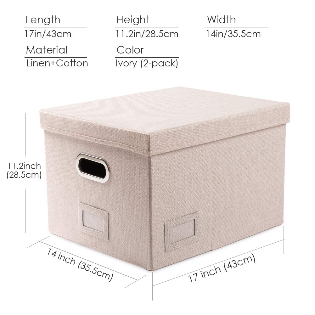 PRANDOM File Organizer Box Set of 2 - Collapsible Linen Storage Bins with Lids for Office, Home & School - Letter/Legal Size Hanging File Folders (17x14x11.2 Inch, Light Grey) - Perfect for Desk Organization, Document Storage & Cabinet Filing Systems