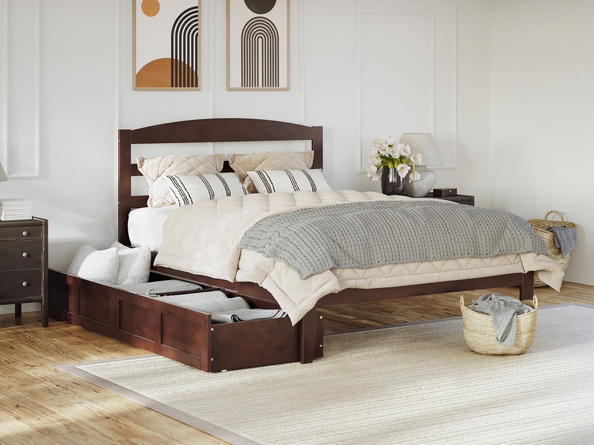 AFI Warren Full Platform Bed with Storage Drawers (Set of 2) and USB Charging Ports, Walnut Finish - Modern Bedroom Furniture for Small Spaces with Underbed Storage and Device Charging