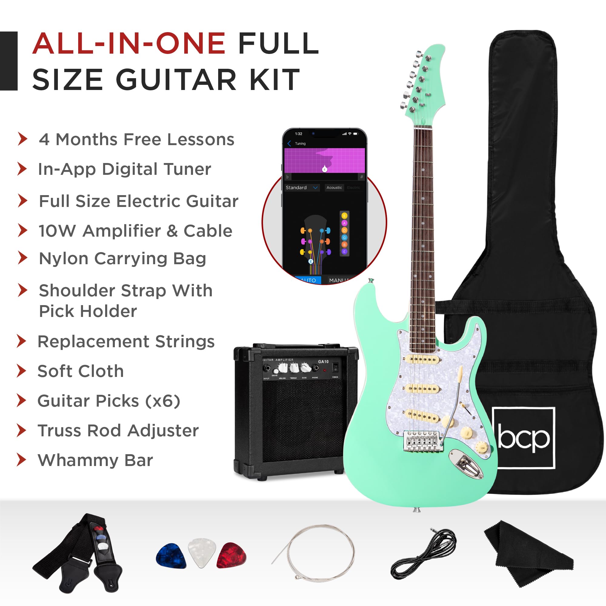 Best Choice Products 39-Inch Full Size Beginner Electric Guitar Starter Kit with Case, Strap, 10W Amp, Strings, Pick & Tremolo Bar - SoCal Green | Perfect for Beginners, Practice, Live Performances & Home Studio Recording