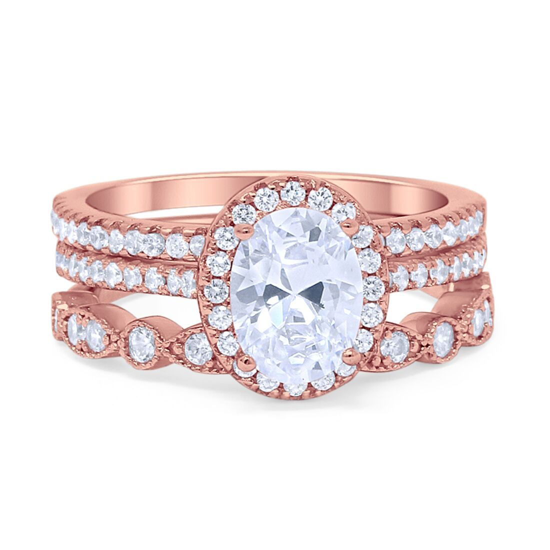 3-Piece Halo Art Deco Wedding Band Set with Oval & Round Cubic Zirconia in 925 Sterling Silver - Choose Your Color | Perfect for Engagement, Anniversary & Bridal Jewelry Gifts