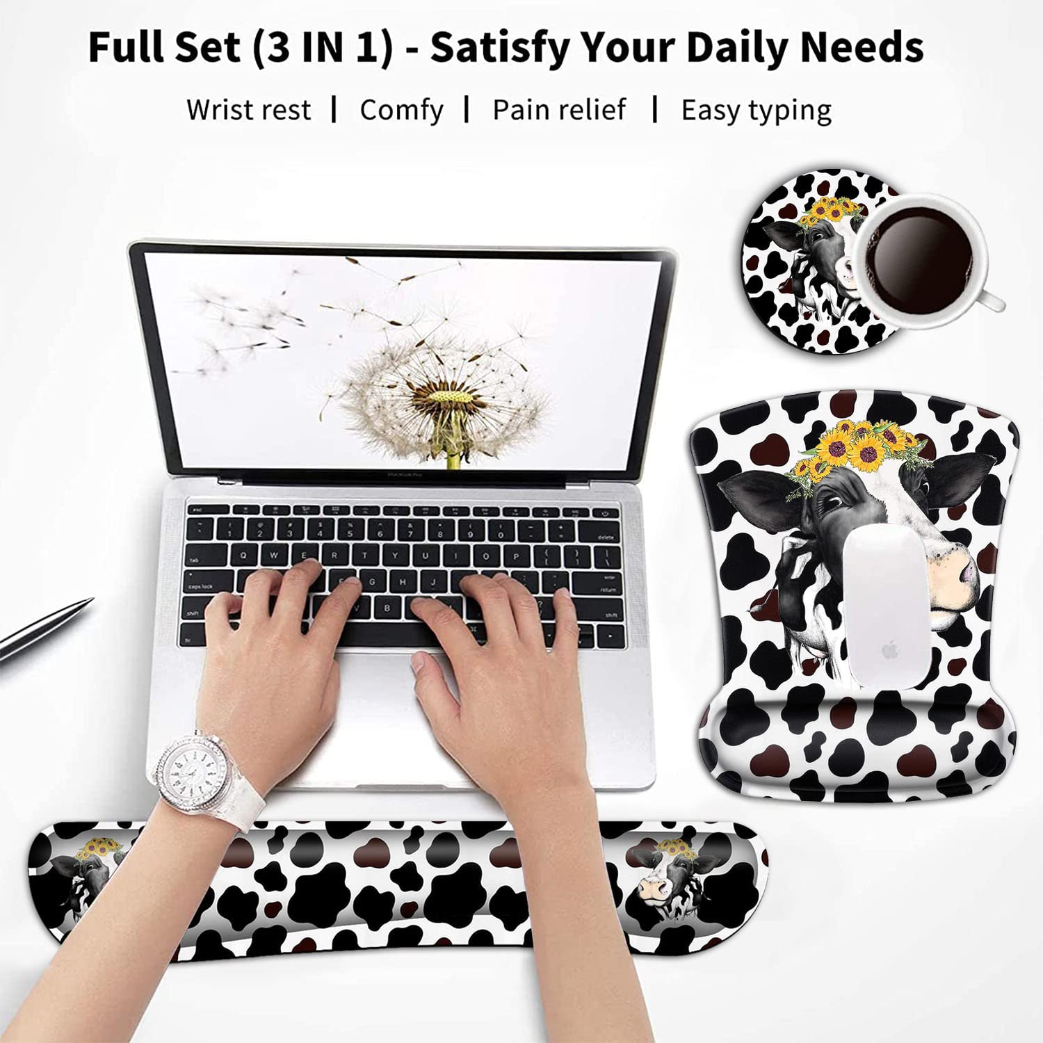 Ergonomic Keyboard Wrist Rest & Mouse Pad Support Set - Black White Cow Sunflower Gel Mouse Pad for Pain Relief, Memory Foam Keyboard Wrist Cushion with Coasters - Perfect for Office, Gaming & Home Computer Workstations