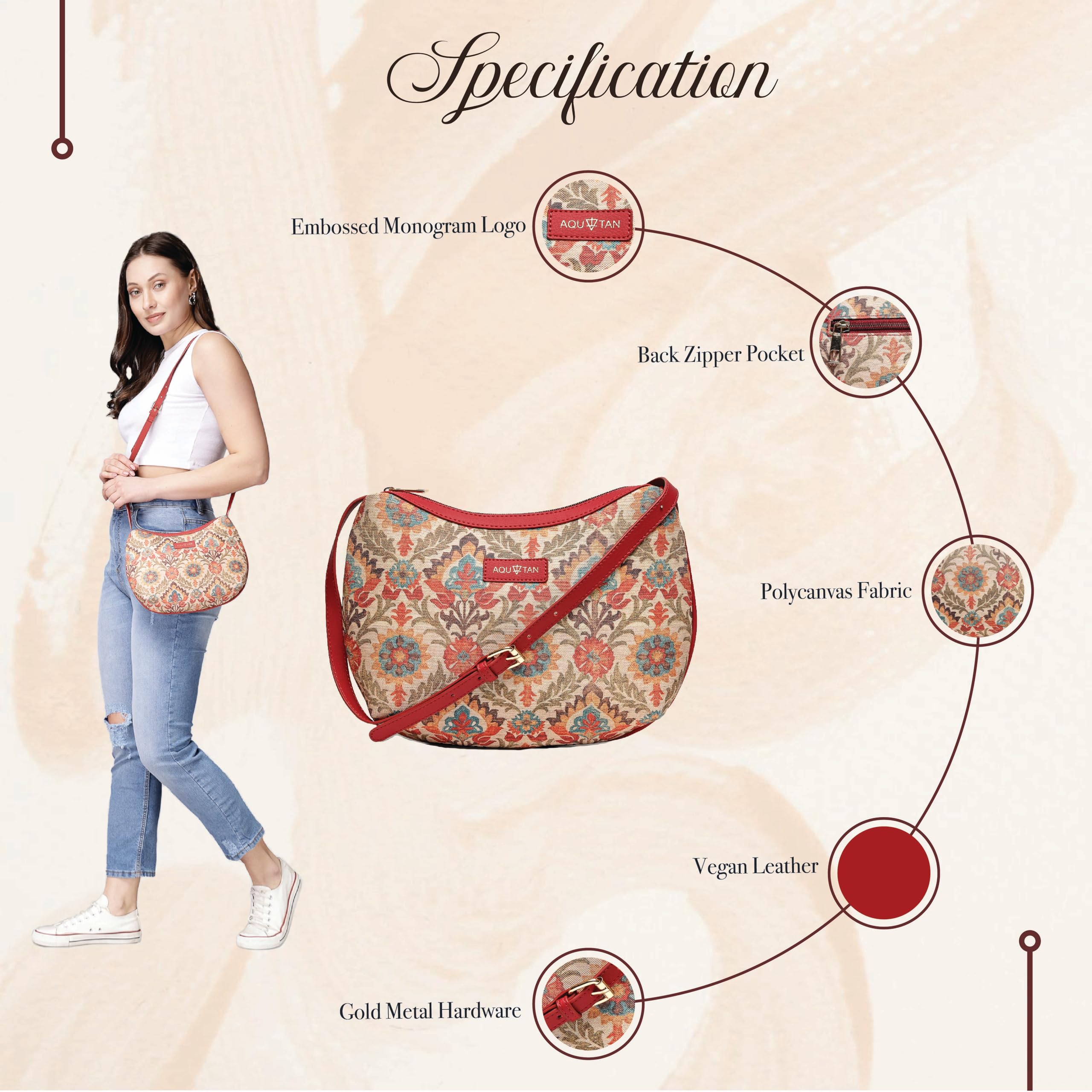 Vegan Leather & Canvas Crossbody Sling Bag for Women - Handmade Block Printed, Dark Red - Perfect for Travel, Shopping & Everyday Use