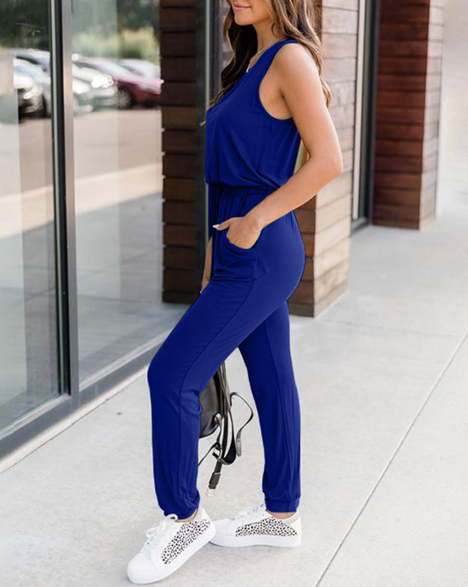 KIRUNDO Women's 2025 Summer Sleeveless Jumpsuit - Casual Elastic Waist Romper with Drawstring & Pockets - Perfect for Beach, Vacation, and Lounge Wear