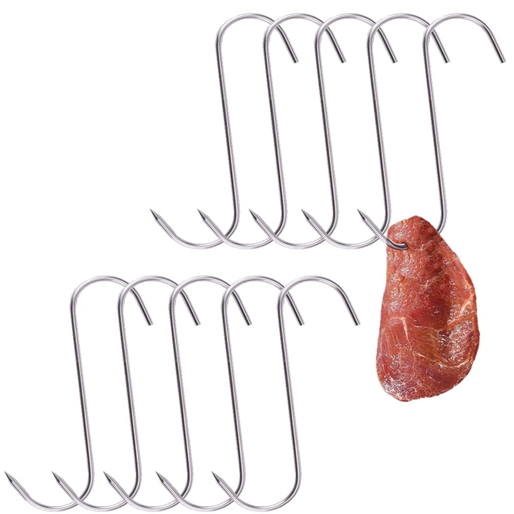 10 Pack Stainless Steel Meat Hanging Hooks for Kitchen, BBQ, Smoking - Heavy Duty S Hooks for Beef, Pork, Roast Duck, Bacon & More - Perfect for Butcher Shops, Home Cooking & Outdoor Grilling