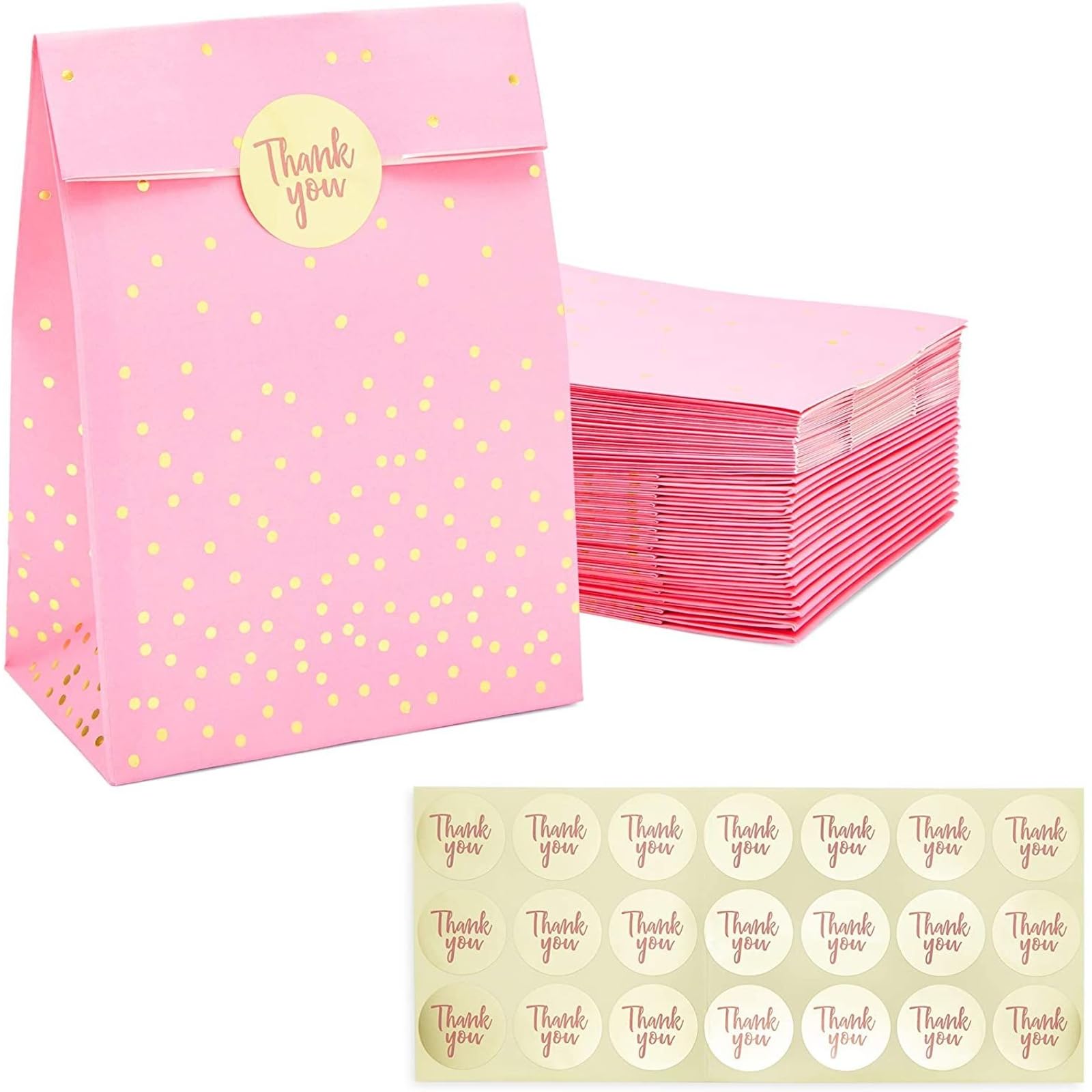Sparkle and Bash Pink Party Favor Gift Bags with Gold Stickers - 5.15 x 8.6 Inch Bulk Pack of 36 - Perfect for Birthday Parties, Baby Showers & Wedding Favors