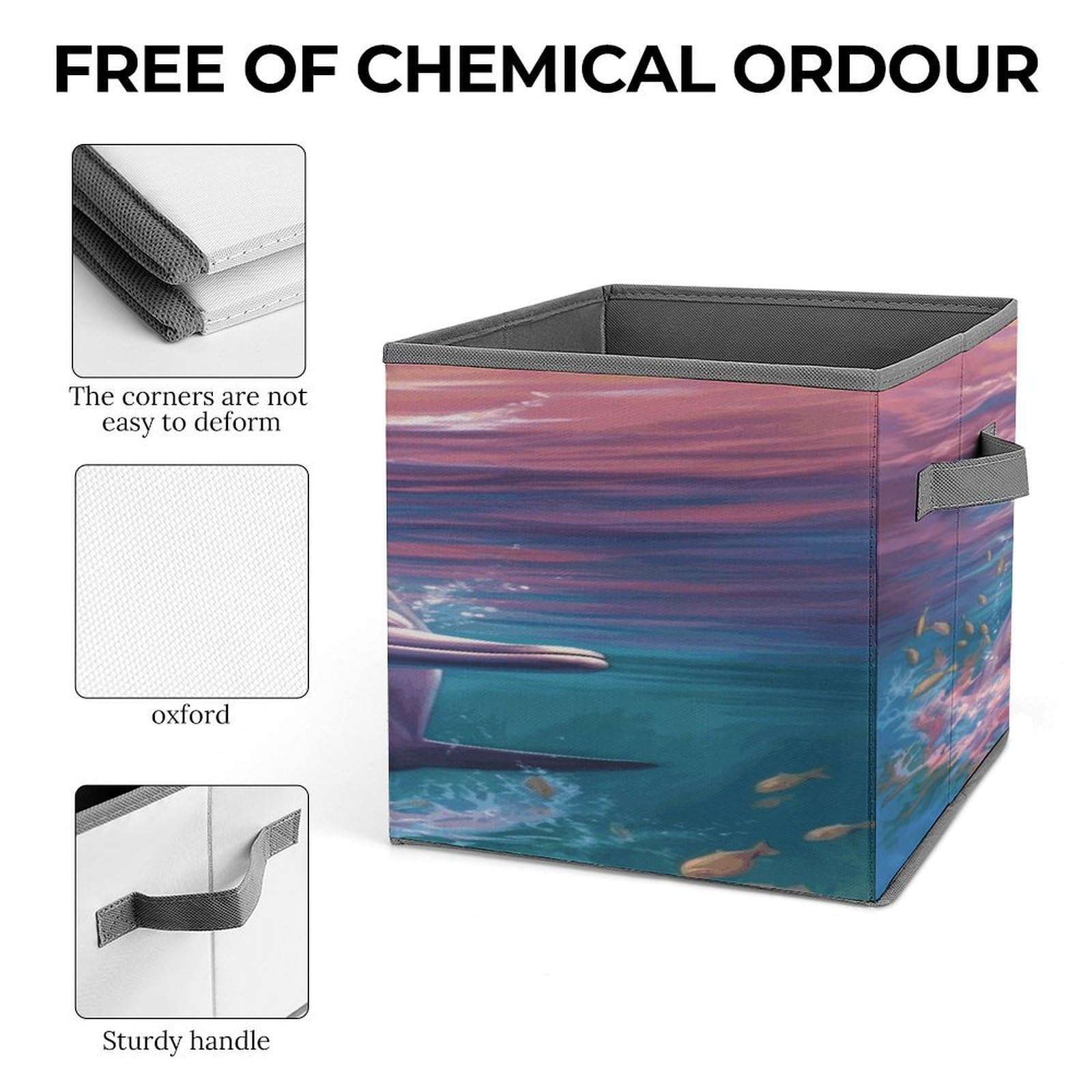 Collapsible Storage Cubes with Handles - 10.6×10.6 Inch Foldable Organizer Bins with Dolphin Art Print for Home, Office & Kids Room Organization - Perfect for Toys, Books & Clutter Control