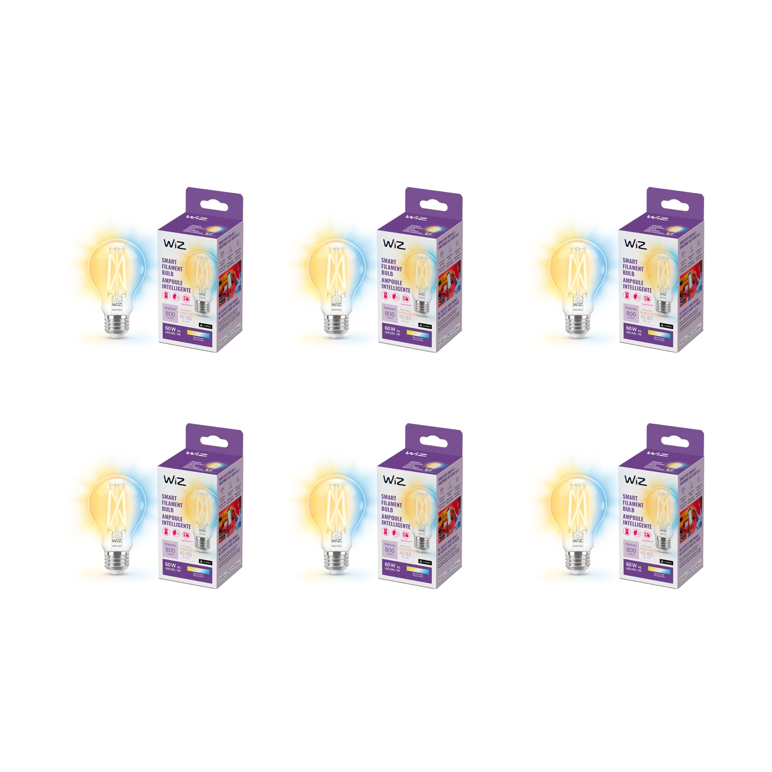 WiZ Clear 60W A19 Tunable White Smart LED Light Bulb (6-Pack) - E26 Base, WiFi & Matter Compatible - Voice & App Control with Motion Activation - Perfect for Bedroom, Living Room & Smart Home Lighting