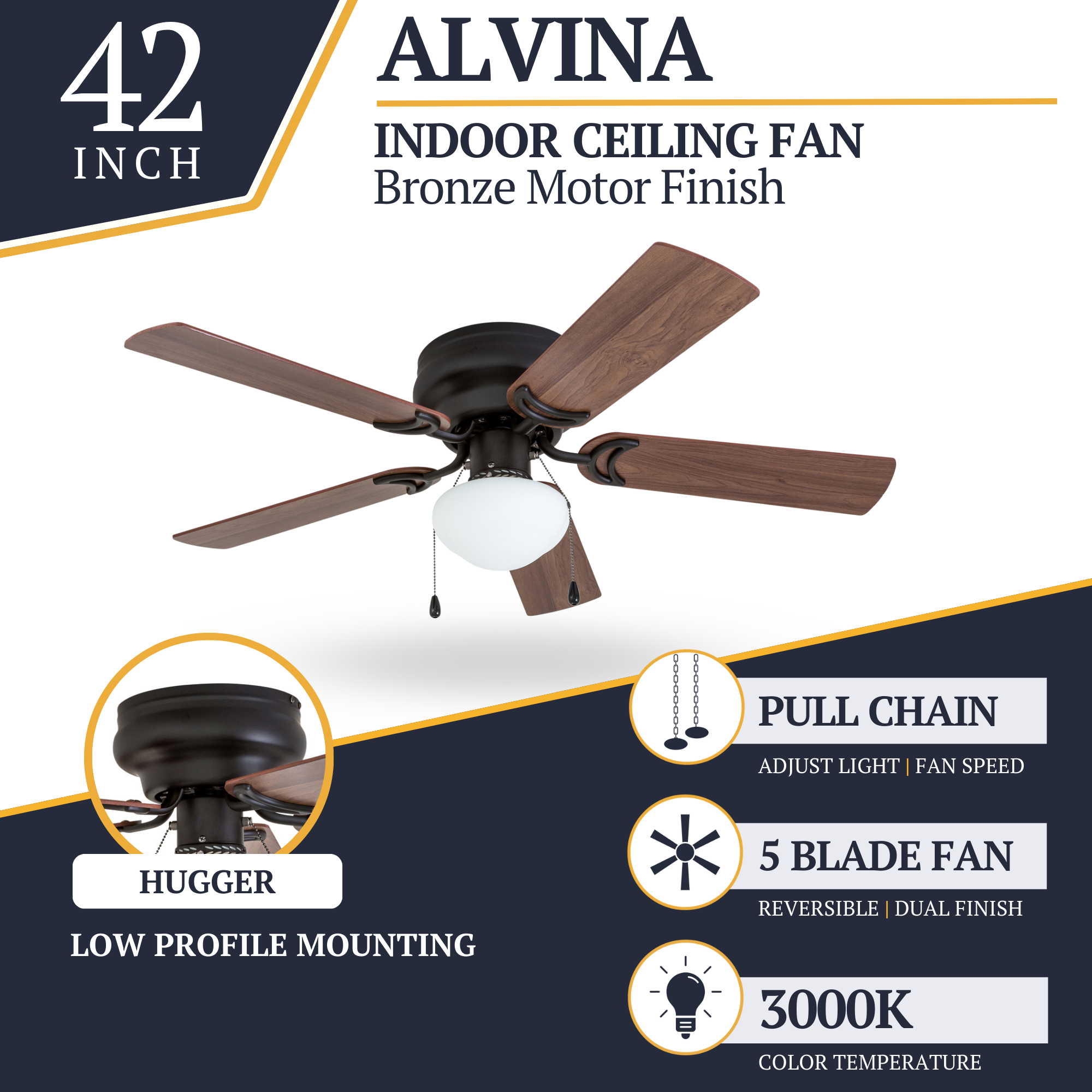 42 Inch Alvina Bronze Ceiling Fan with Pull Chain - Modern Indoor/Outdoor Ceiling Fan for Bedroom, Living Room, Patio & Office