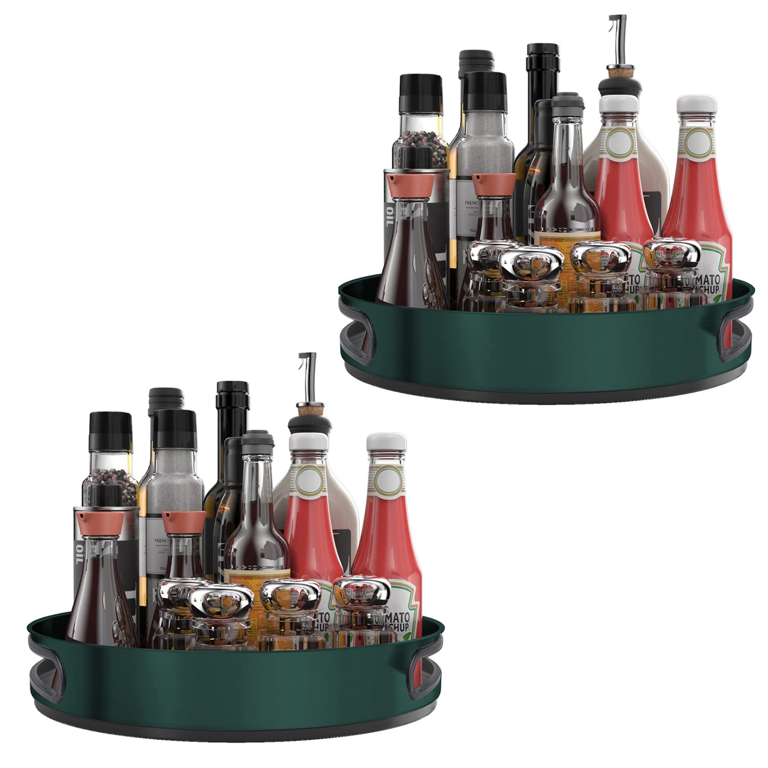 VAEHOLD 2 Pack Lazy Susan Turntable - Stainless Steel Spice Rack Organizer for Kitchen Cabinet, Pantry & Bathroom - Storage Tray for Fruits, Snacks, Salad & Cosmetics - Space Saving Dark Green Rotating Shelf (Perfect for Spice Organization, Bathroom Essentials & Kitchen Countertop Storage)