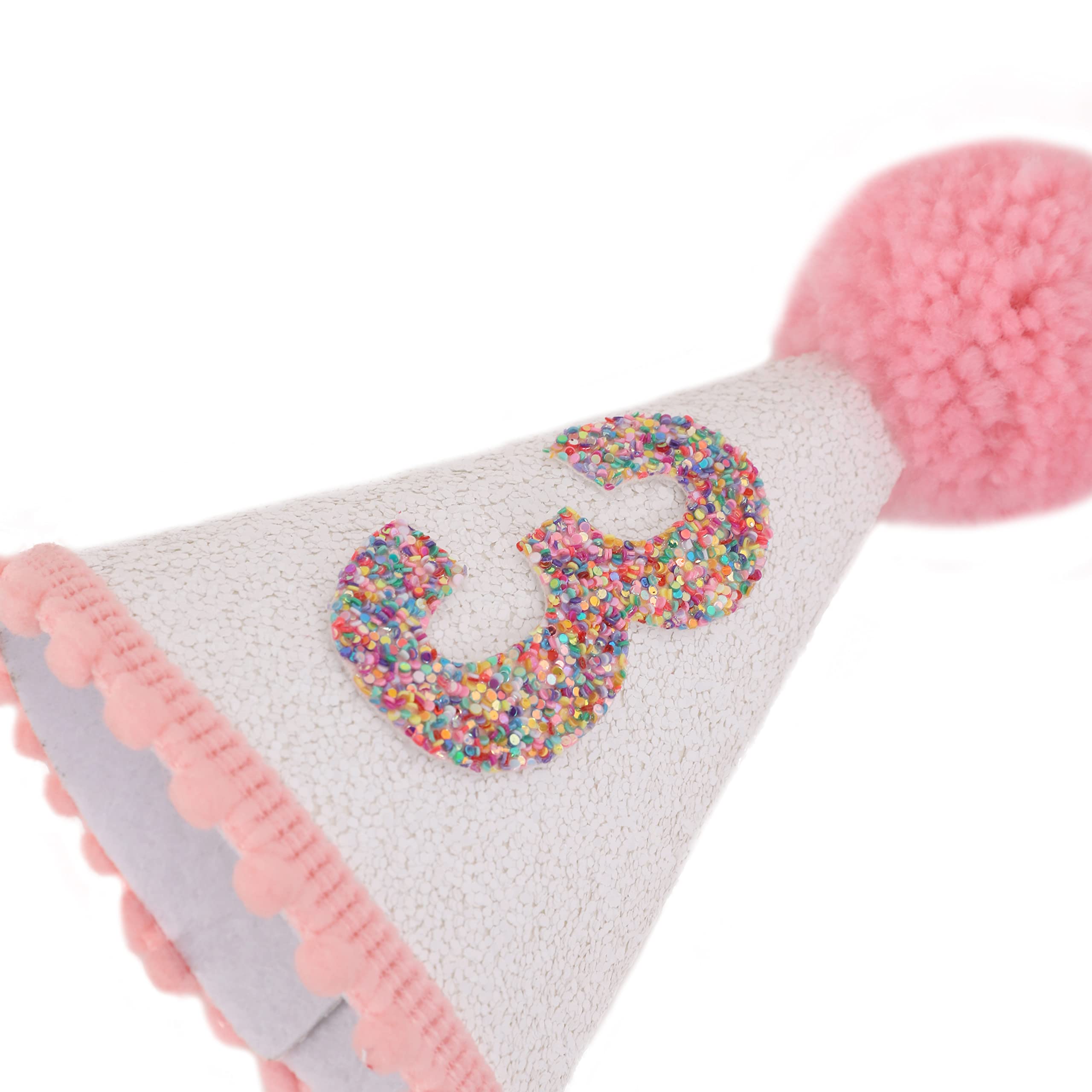 Sparkly Pink Glitter Birthday Hat for Girls with Pom Topper - Cute Party Decorations for Birthday Celebrations, Tea Parties & Photo Shoots