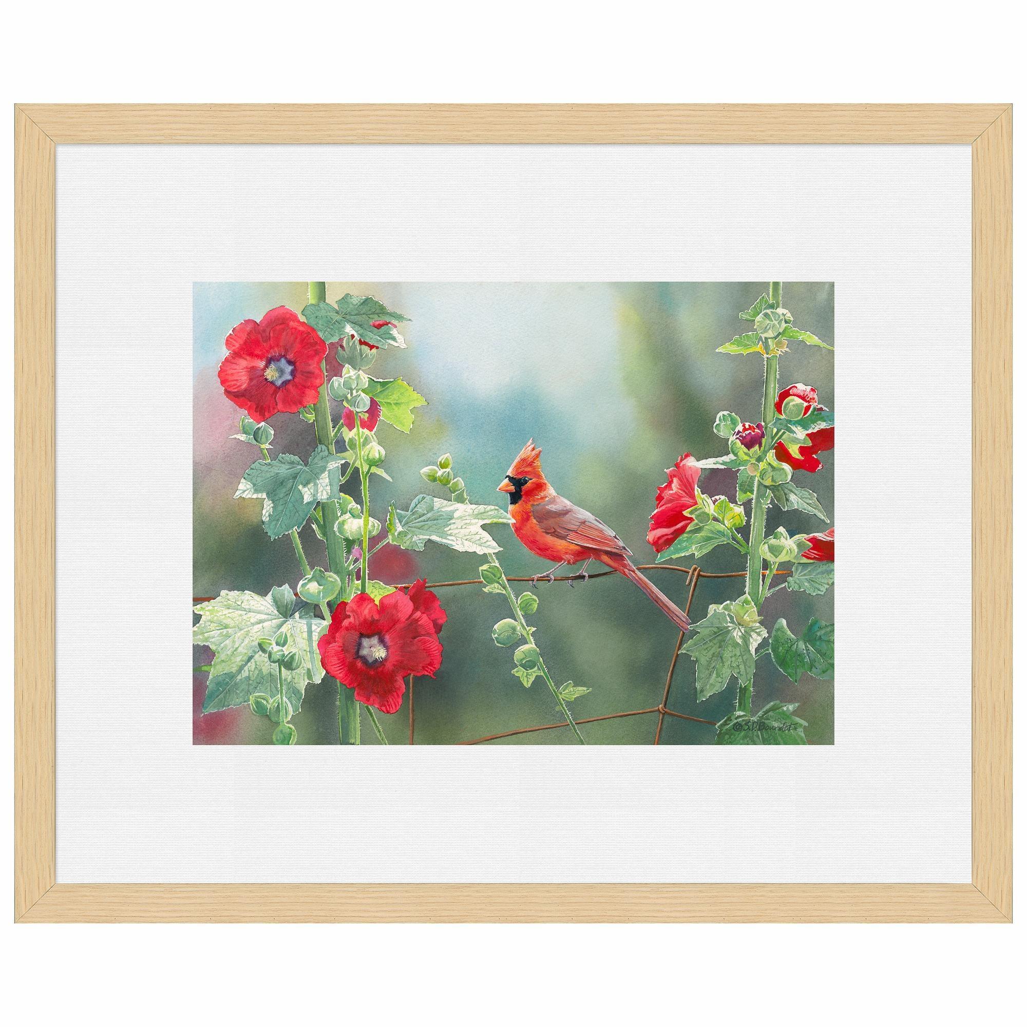 Cardinal and Hollyhocks Wall Art - Vibrant Red Bird and Flower Canvas Painting for Home Decor | Perfect for Living Room, Bedroom, and Office