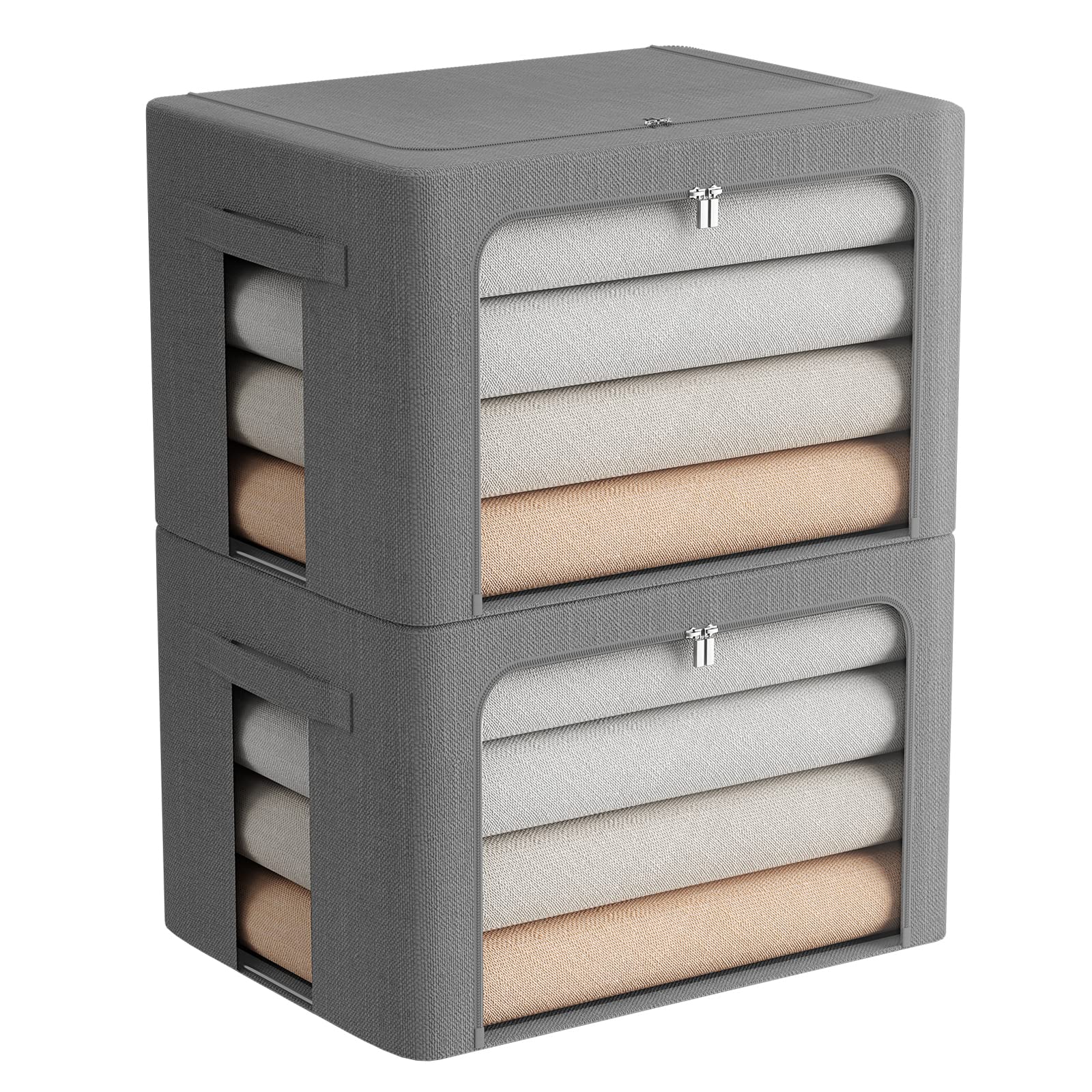 2 Pack Clear Stackable Fabric Storage Bins with Handles - Foldable Clothes Organizer Box (36L, Gray, 15.7x11.8x11.7 Inch) - Perfect for Closet, Bedroom, Nursery & Office Organization