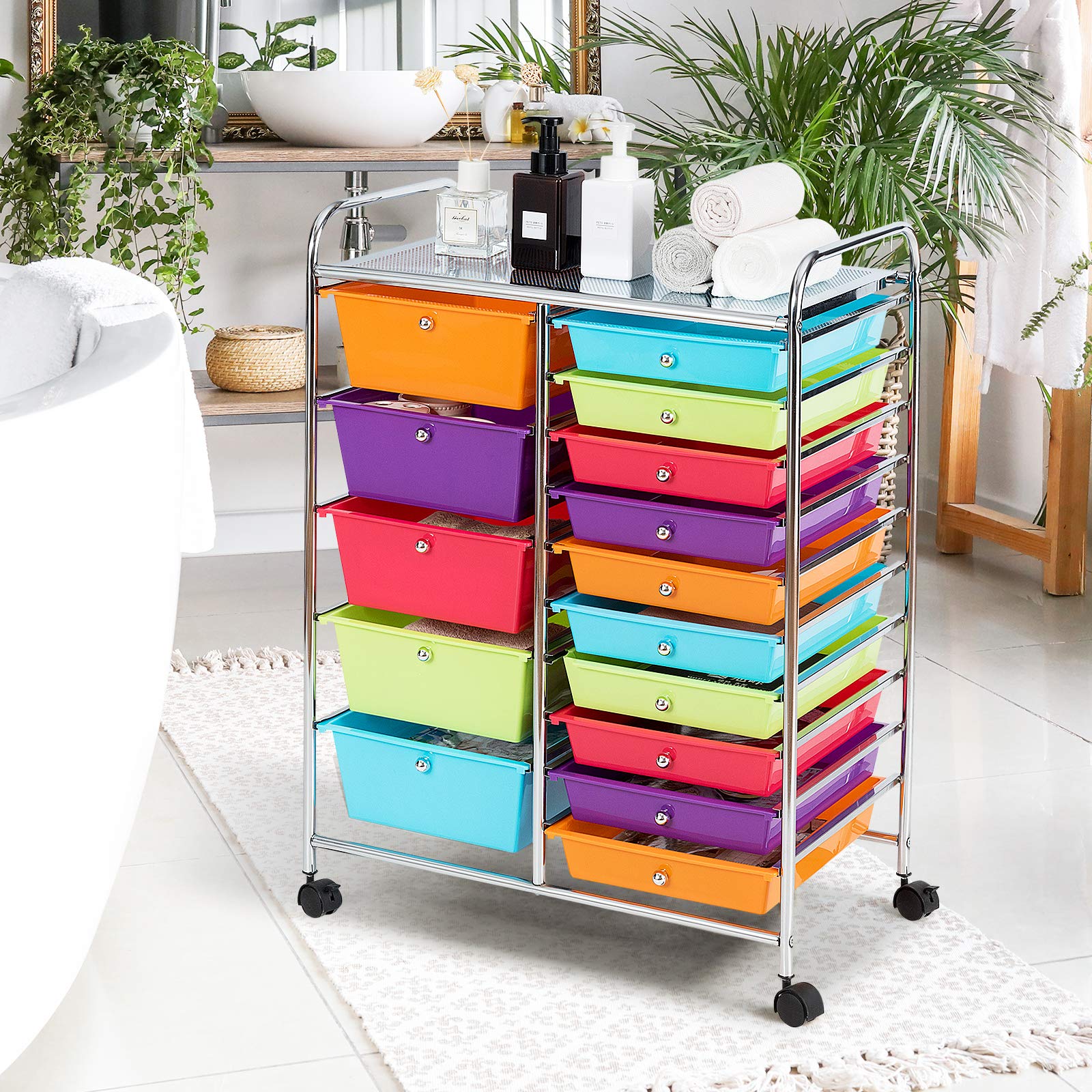 GOFLAME 15-Drawer Rolling Storage Cart - Multipurpose Mobile Organizer with Wheels for Home Office, School, Kitchen, Craft Room & Garage - Space Saving Utility Cart in Multiple Colors