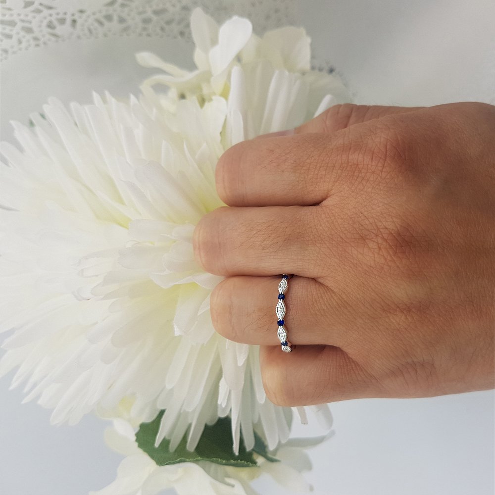 10K Solid Gold Round Blue Sapphire & White Diamond Women's Wedding Eternity Band Stackable Ring - Perfect for Bridal Jewelry, Anniversary Gifts, and Everyday Elegant Stacking