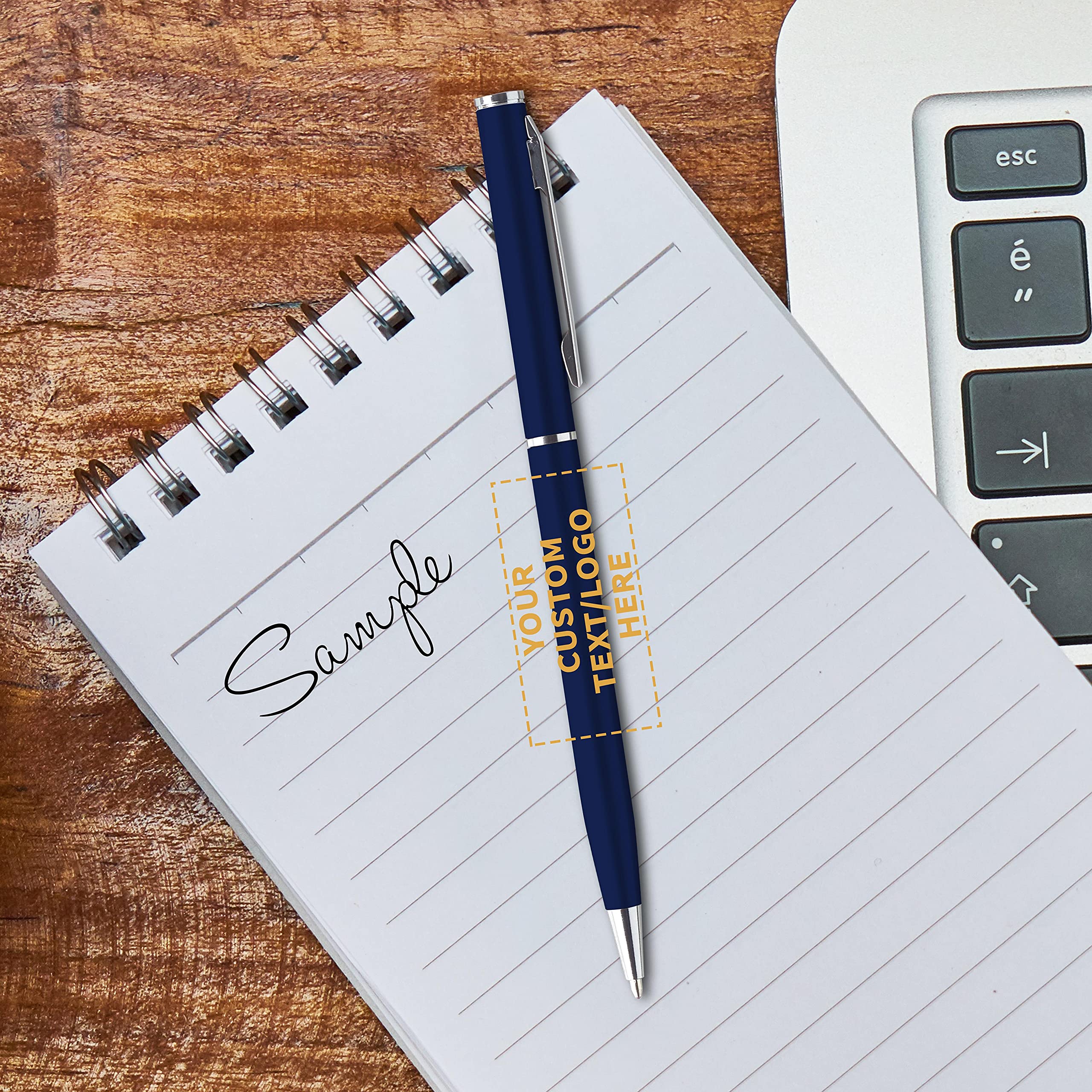 100 Pack Customizable Skinny Ballpoint Metal Pens - Personalized Text & Logo - Sleek Twist-Off Design with Black Ink (Blue Barrel) - Perfect for Office, School, Business Gifts & Promotional Events
