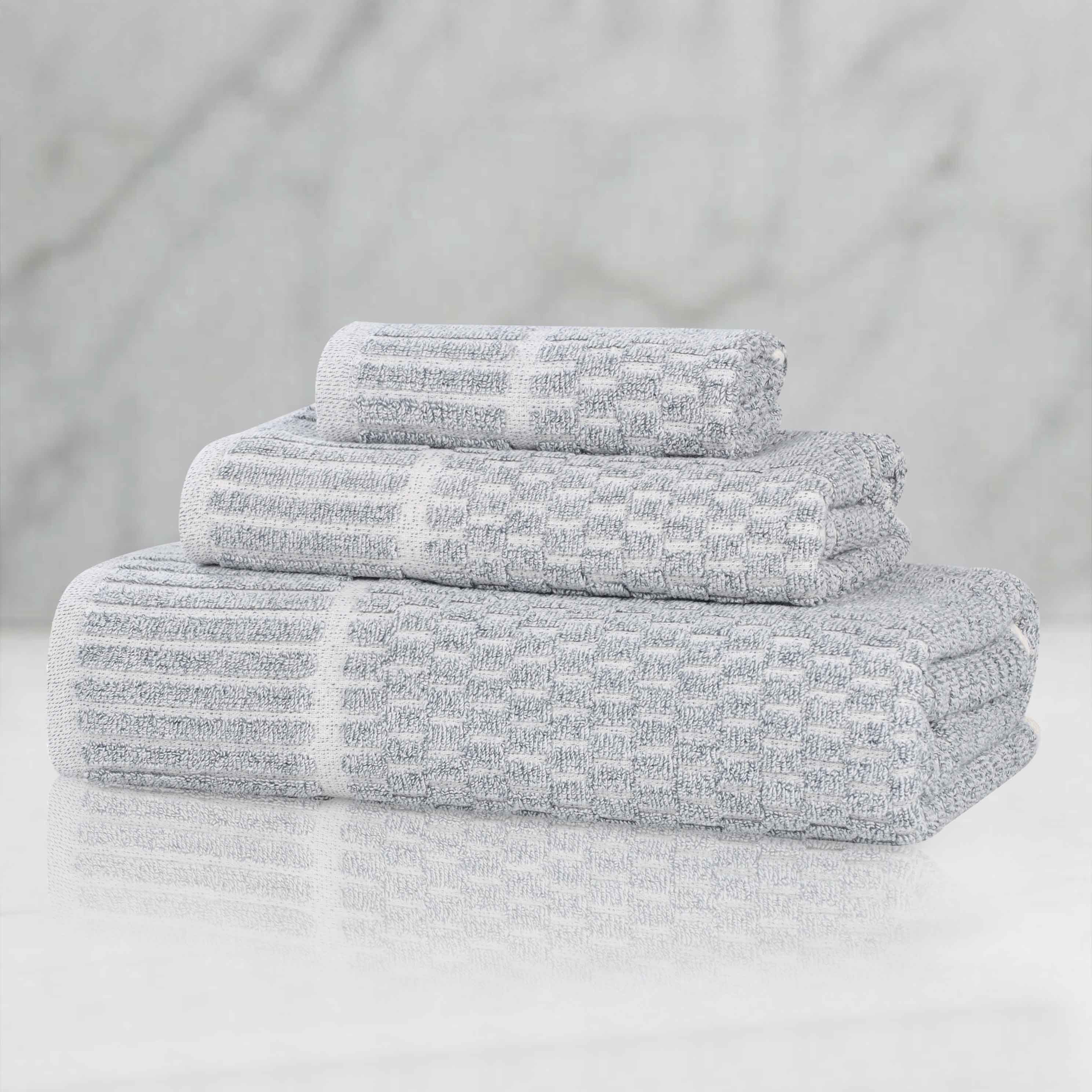 Premium Juno Cotton Blend Medium Weight Checkered Border 3-Piece Bath Towel Set - Soft, Absorbent & Quick-Drying for Bathroom, Spa & Guest Use
