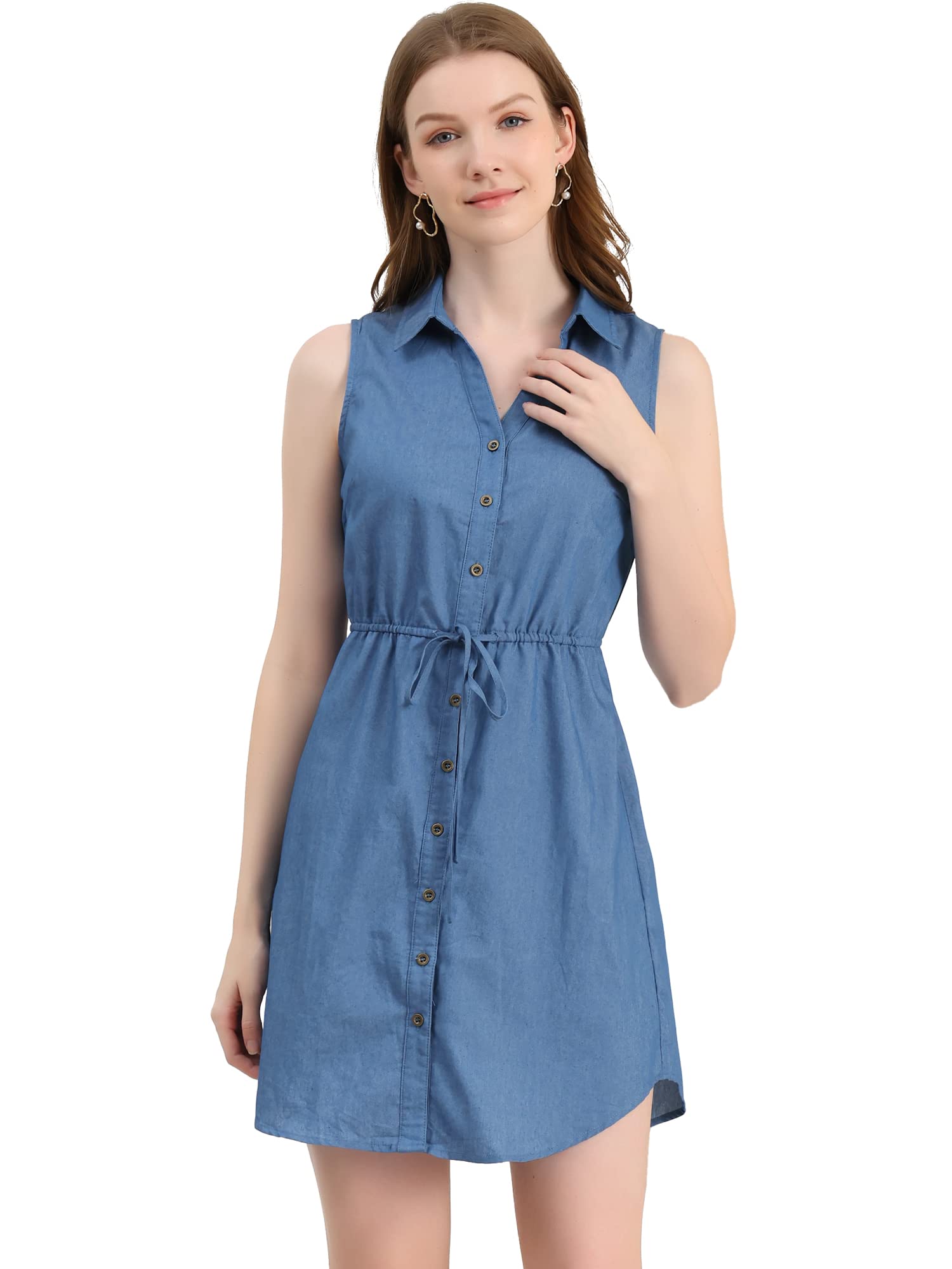 Allegra K Women's Denim Shirt Dress with Point Collar, Button Down & Tie Waist - Casual Summer Outfit for Brunch, Shopping & Date Night