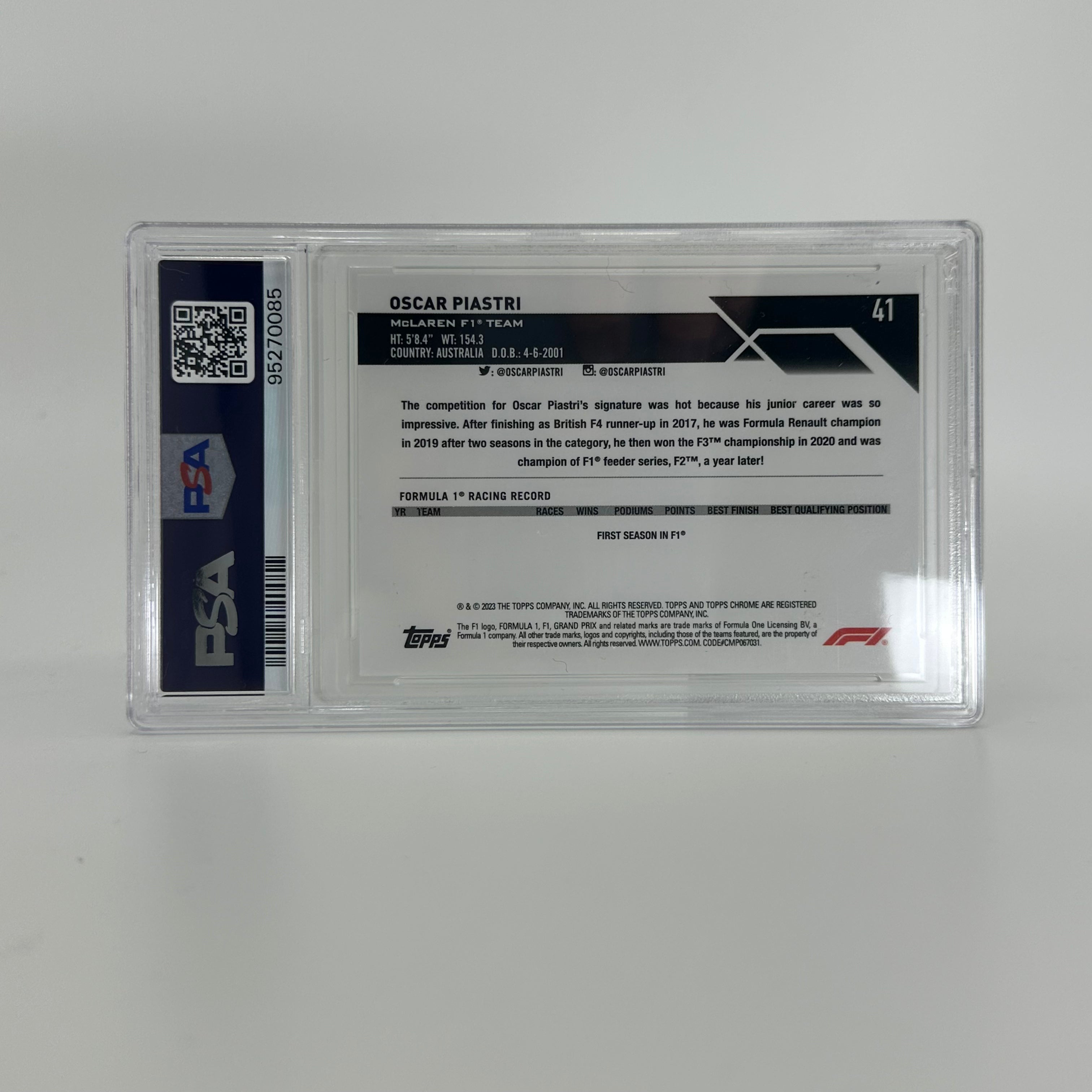 2023 Topps Chrome F1 Oscar Piastri #41 PSA 10 Rookie Card 77/99 Aqua Sapphire Edition - Perfect for F1 Collectors and Racing Fans