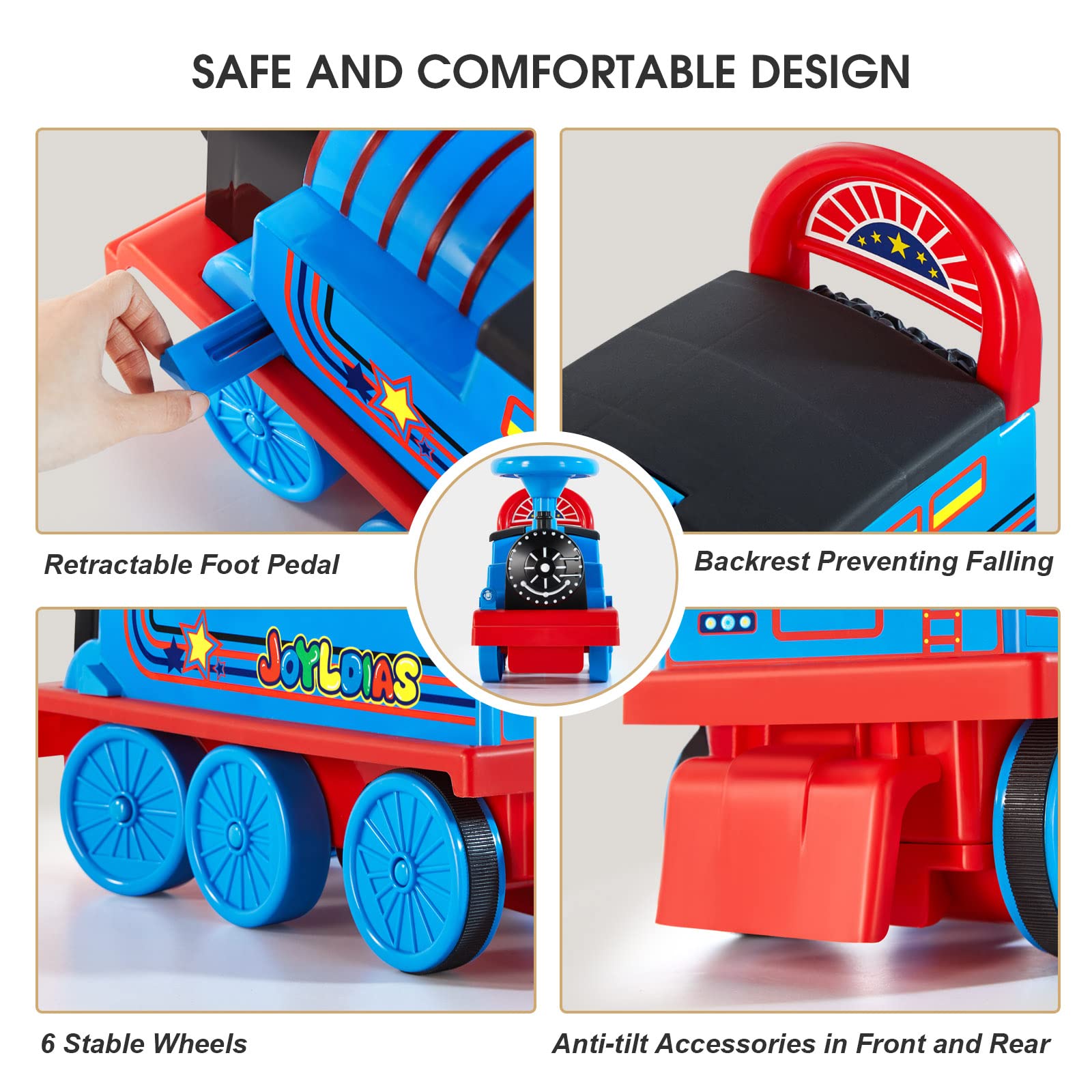 JOYLDIAS 6V Electric Ride On Train Toy for Kids - 16pcs Curved Tracks, LED Lights & Horn, Storage Basket, Retractable Foot Pedals - Best Gift for Toddlers Under 39 Inches (Blue) | Perfect for Indoor Playrooms & Backyard Fun