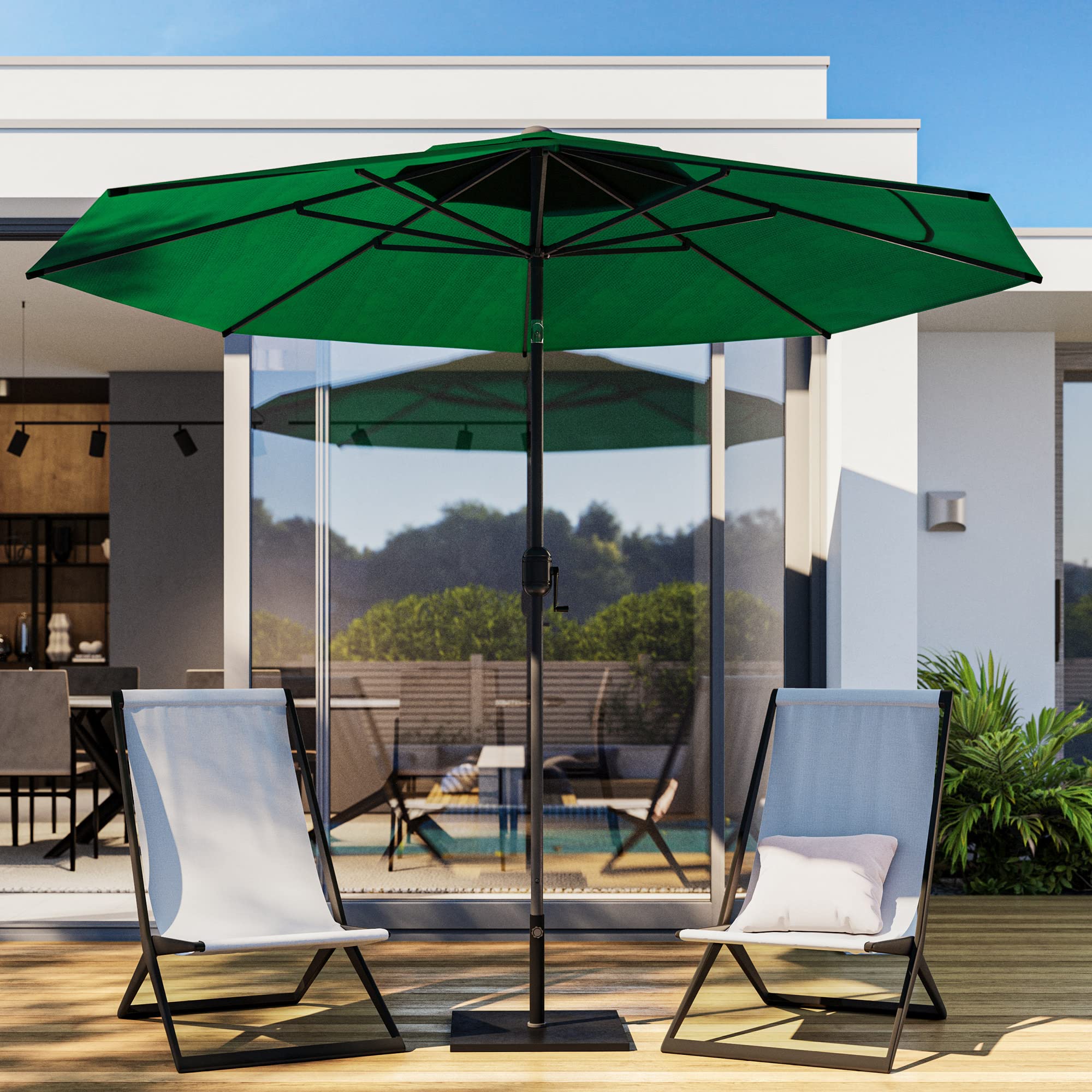 BELLEZE 9 Ft Outdoor Patio Umbrella with Push Button Tilt & Crank - Sunproof Market Umbrella for Beach, Garden, Deck - 8 Sturdy Ribs - Green | Perfect for Backyard, Poolside & Outdoor Dining