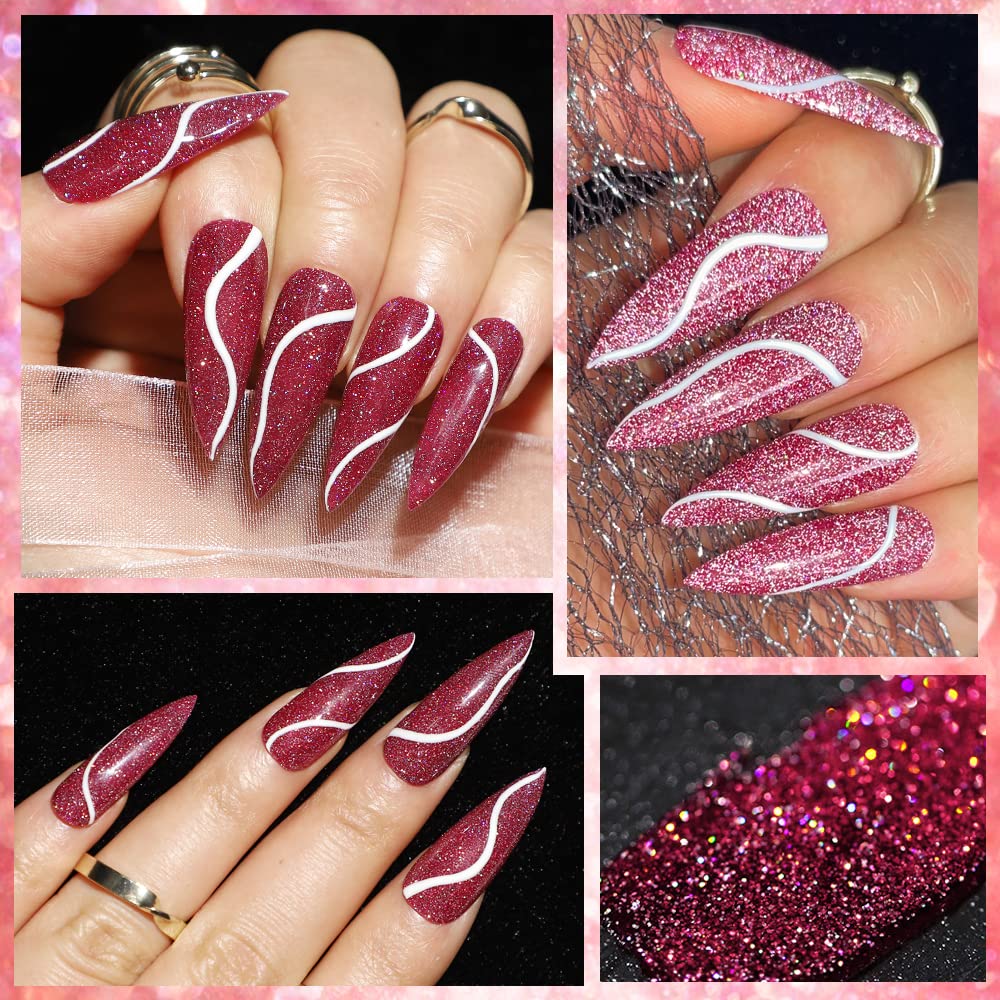 MIZHSE Reflective Rose Red Sparkling Glitter Gel Nail Polish - UV/LED Soak Off Diamond Shine Nail Art Gel (10ml) for Salon & Home Manicures