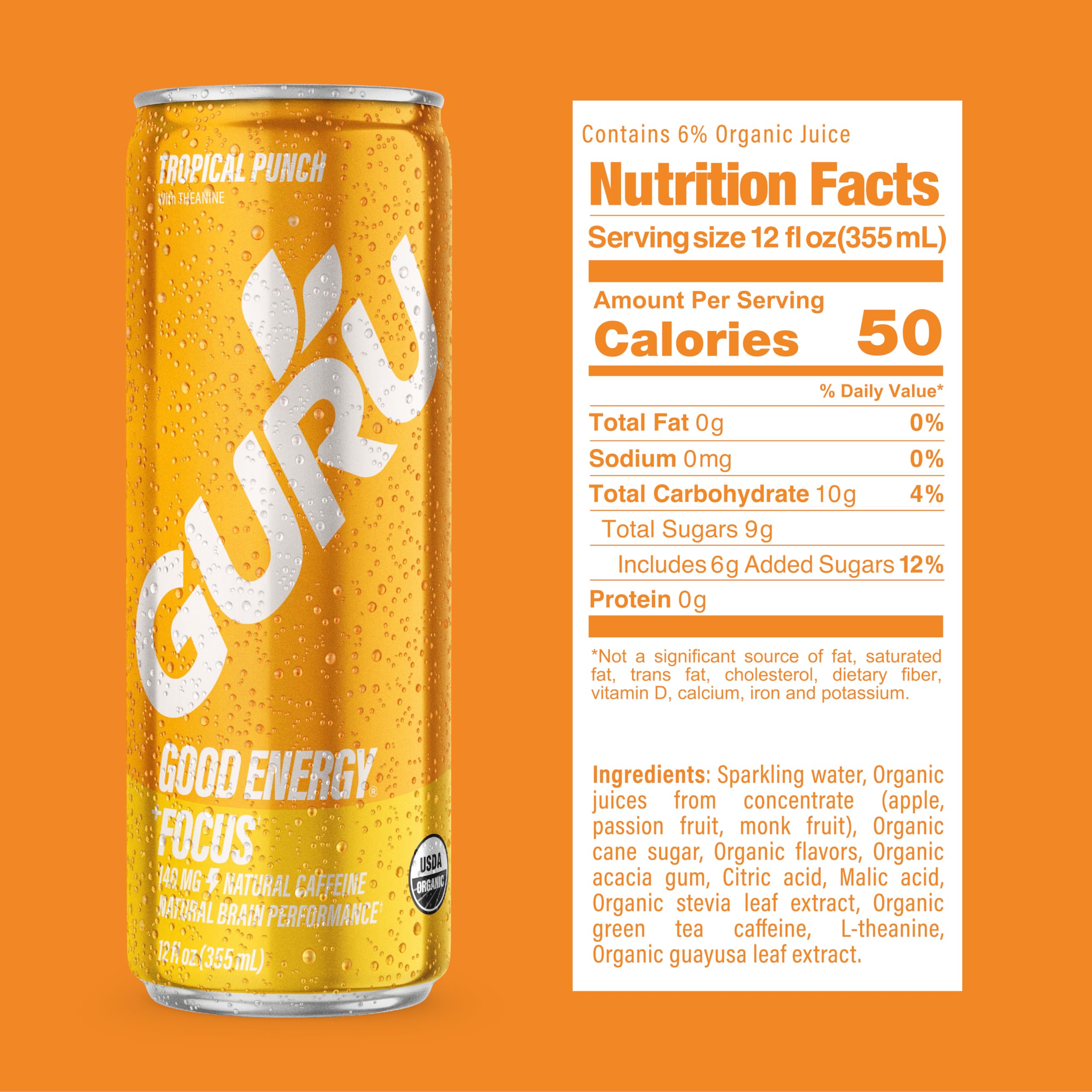 GURU Organic Energy Drinks Variety Pack - 12 Pack of 12oz Clean Energy Drinks with Plant-Based Caffeine from Green Tea | Gluten Free, Vegan, 140mg Caffeine | Boost Focus for Workouts, Study & Outdoor Activities