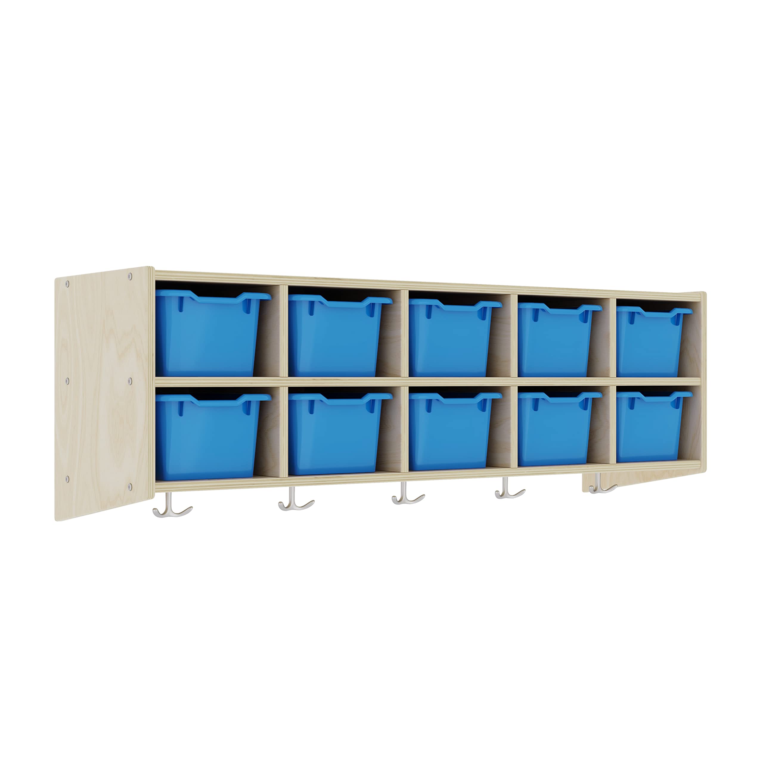 ECR4Kids Natural Blue 10-Section Hanging Coat Locker with Scoop Front Storage Bins - Classroom Organization, Daycare Storage, School Cubby for Kids' Coats & Backpacks
