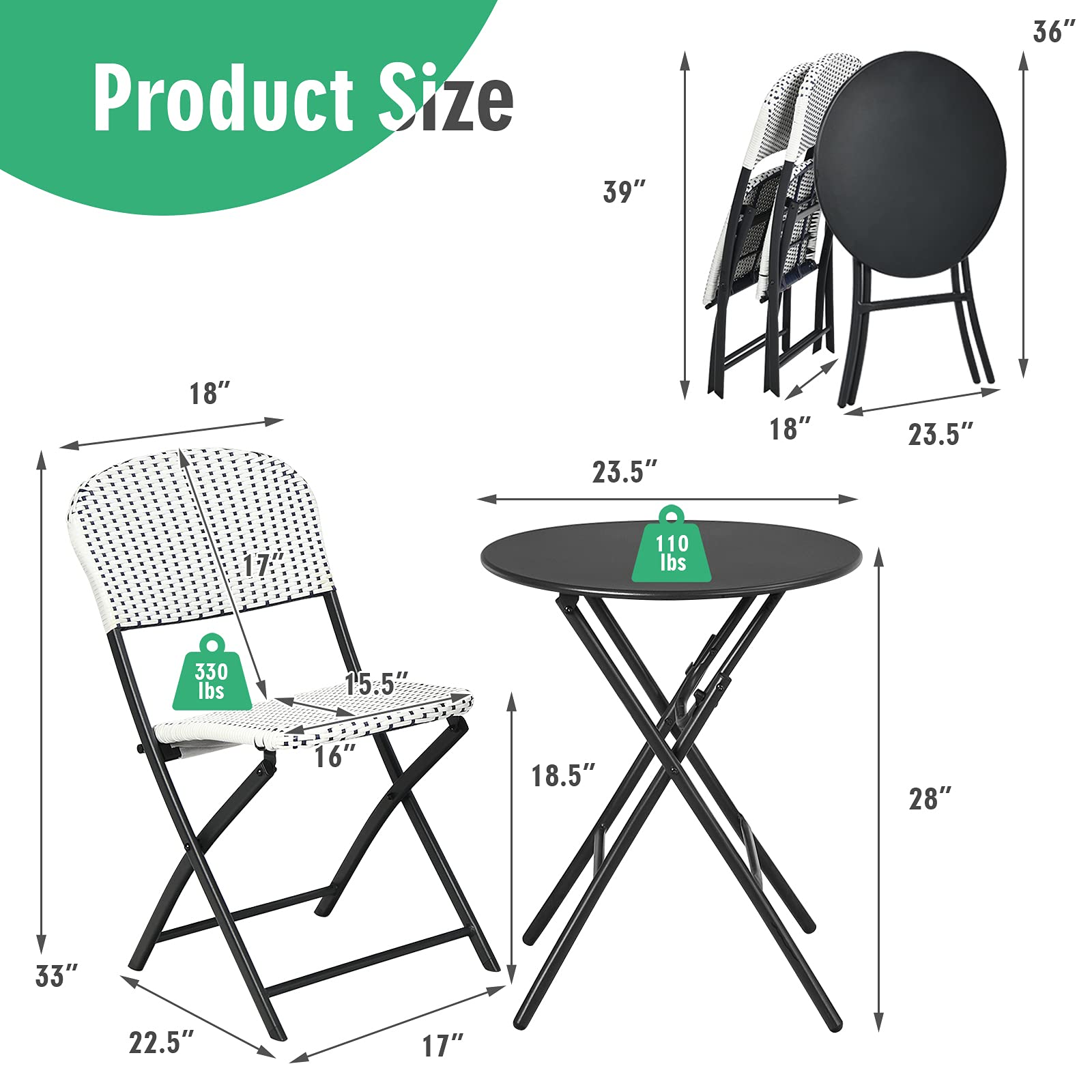 Giantex 3-Piece Patio Dining Set - Folding Bistro Table with 2 Rattan Chairs, Metal Frame Indoor/Outdoor Furniture for Garden, Balcony, Porch, Yard, Lawn & Poolside (White & Black) - Perfect for Outdoor Entertaining, Relaxing & Dining Al Fresco