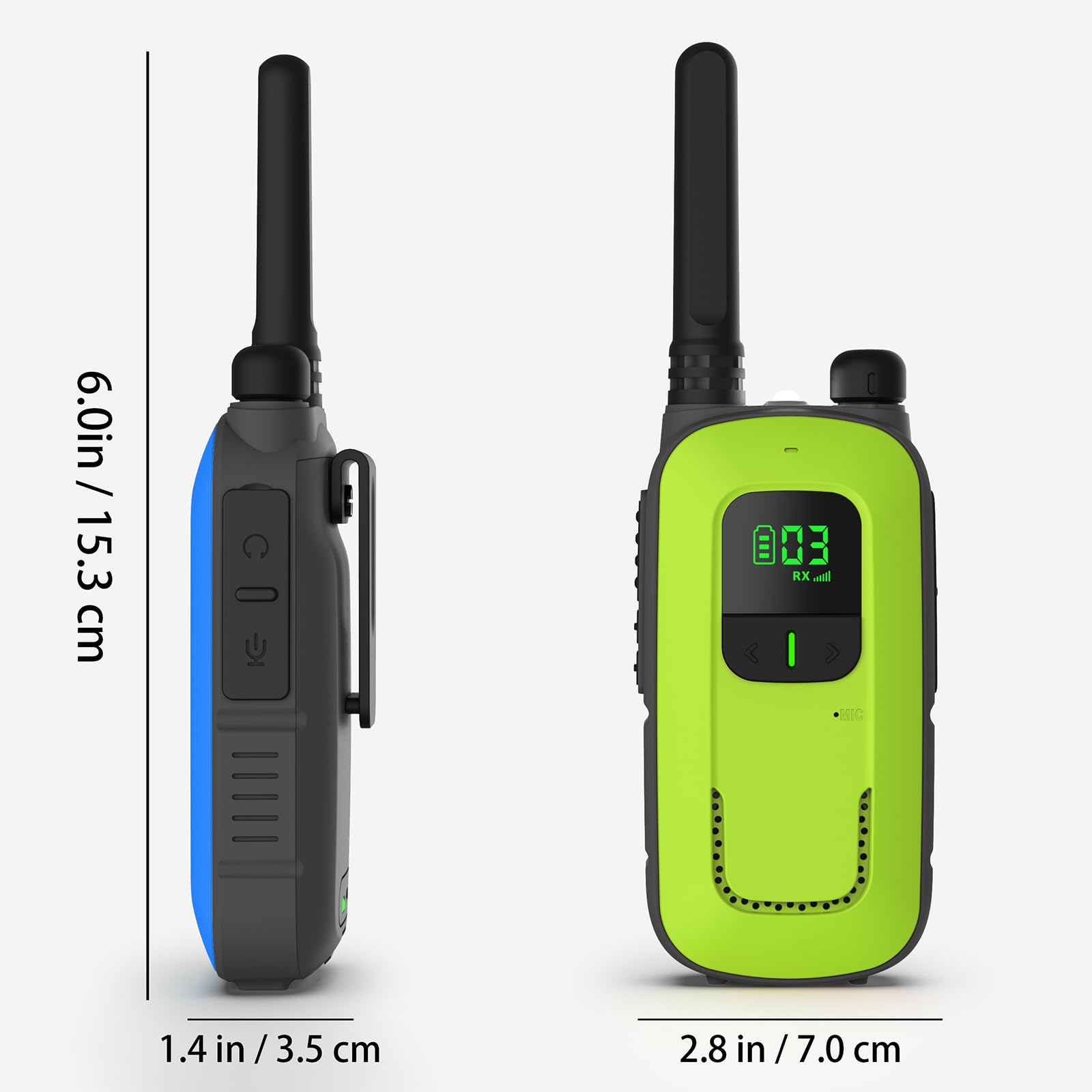 Radioddity PR-T3 Rechargeable Walkie Talkies for Kids & Families - 16 Channels, VOX, Flashlight, LCD Screen, USB Charging (Blue/Green) - Perfect for Outdoor Adventures, Camping, Hiking & Family Activities