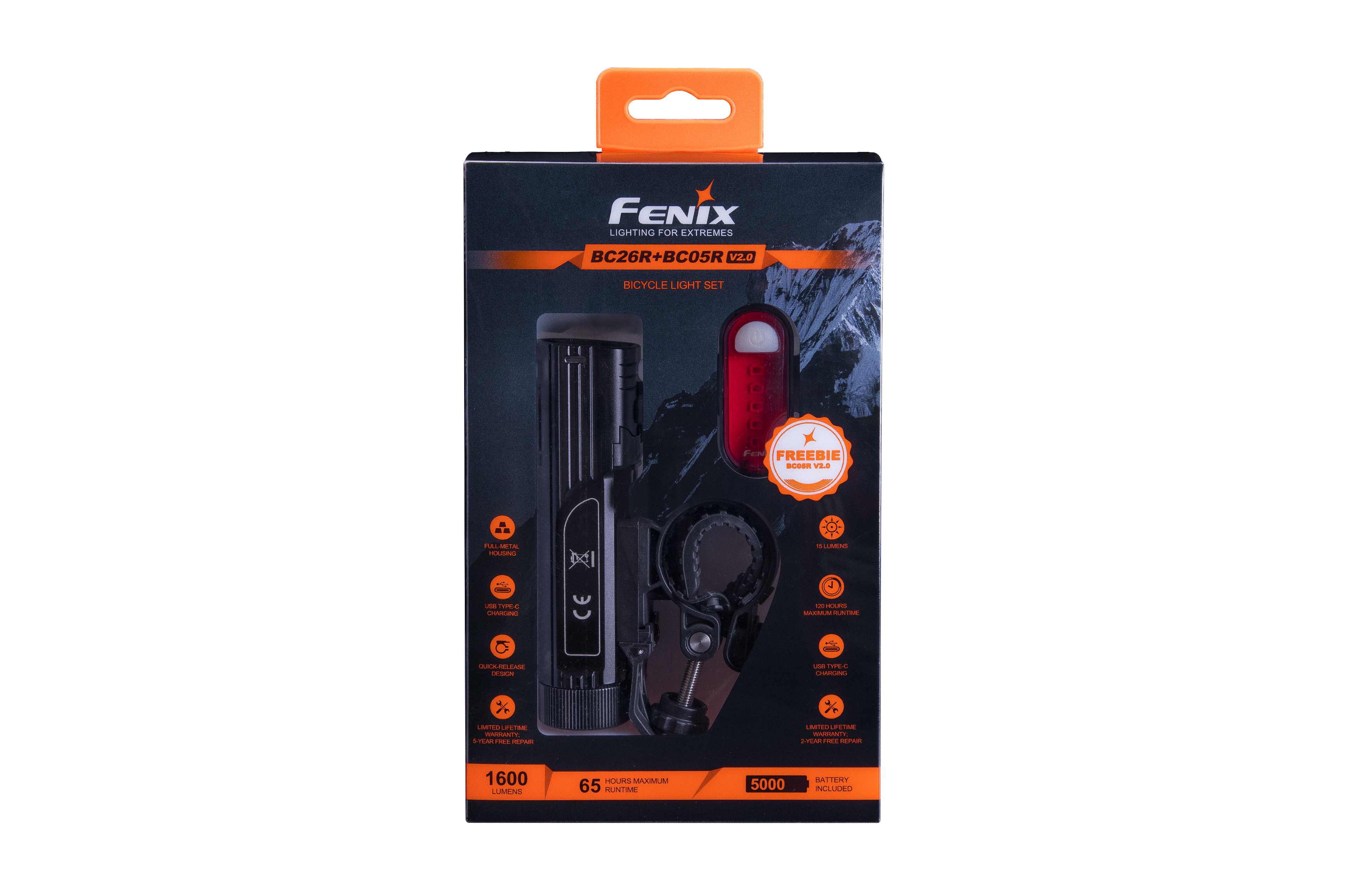 Fenix BC26R 1600 Lumen Rechargeable LED Bike Light with BC05R V2 Tail Light Bundle - High Visibility Cycling Safety for Night Riding & Commuting