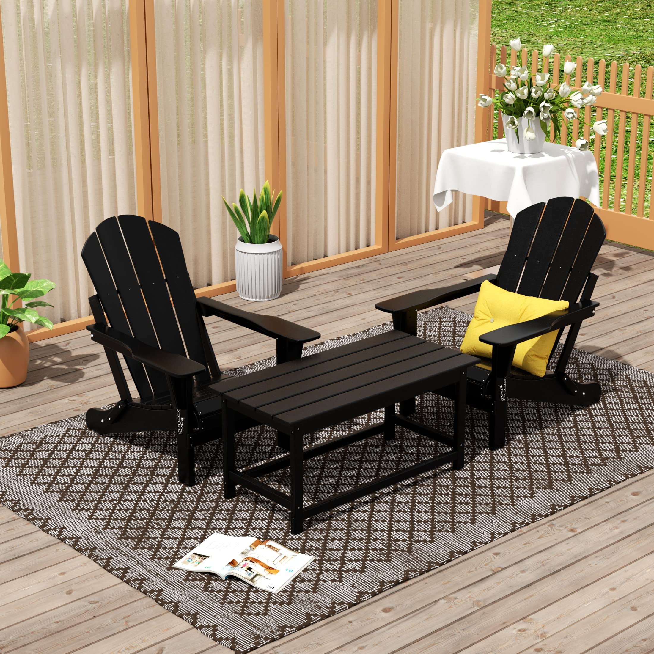 WO Home Furniture 3-Piece Outdoor Adirondack Chair Set with Coffee Table - Weather & UV Resistant Folding Chairs for Lawn, Garden, Bonfire, Balcony, Patio - Perfect for Relaxing, Entertaining & Outdoor Gatherings (Black)