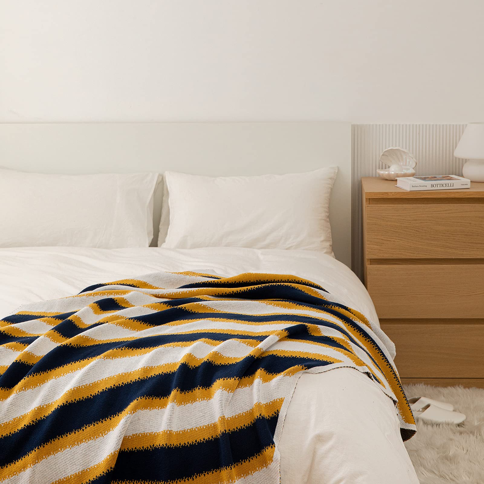 100% Cotton Striped Knit Throw Blanket - Ultra Soft Lightweight Geometric Blanket for Couch, Sofa & Bed - Cozy Decorative Blanket for Women, Men & Kids - Perfect for Lounging, Gifting & Home Decor (Yellow)