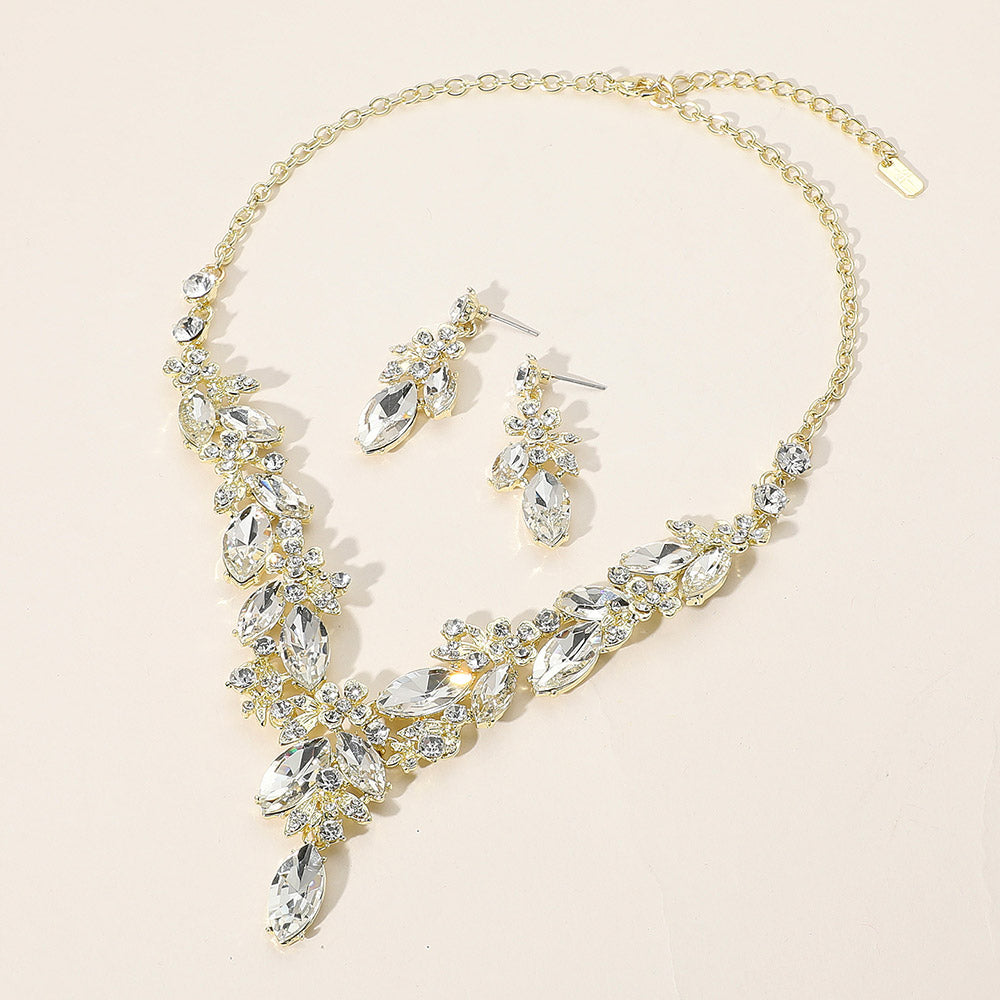 Elegant Gold Y-Shaped Evening Necklace Set with Clear Flower & Marquise Stones | Formal Jewelry for Women | Perfect for Weddings, Galas & Special Occasions