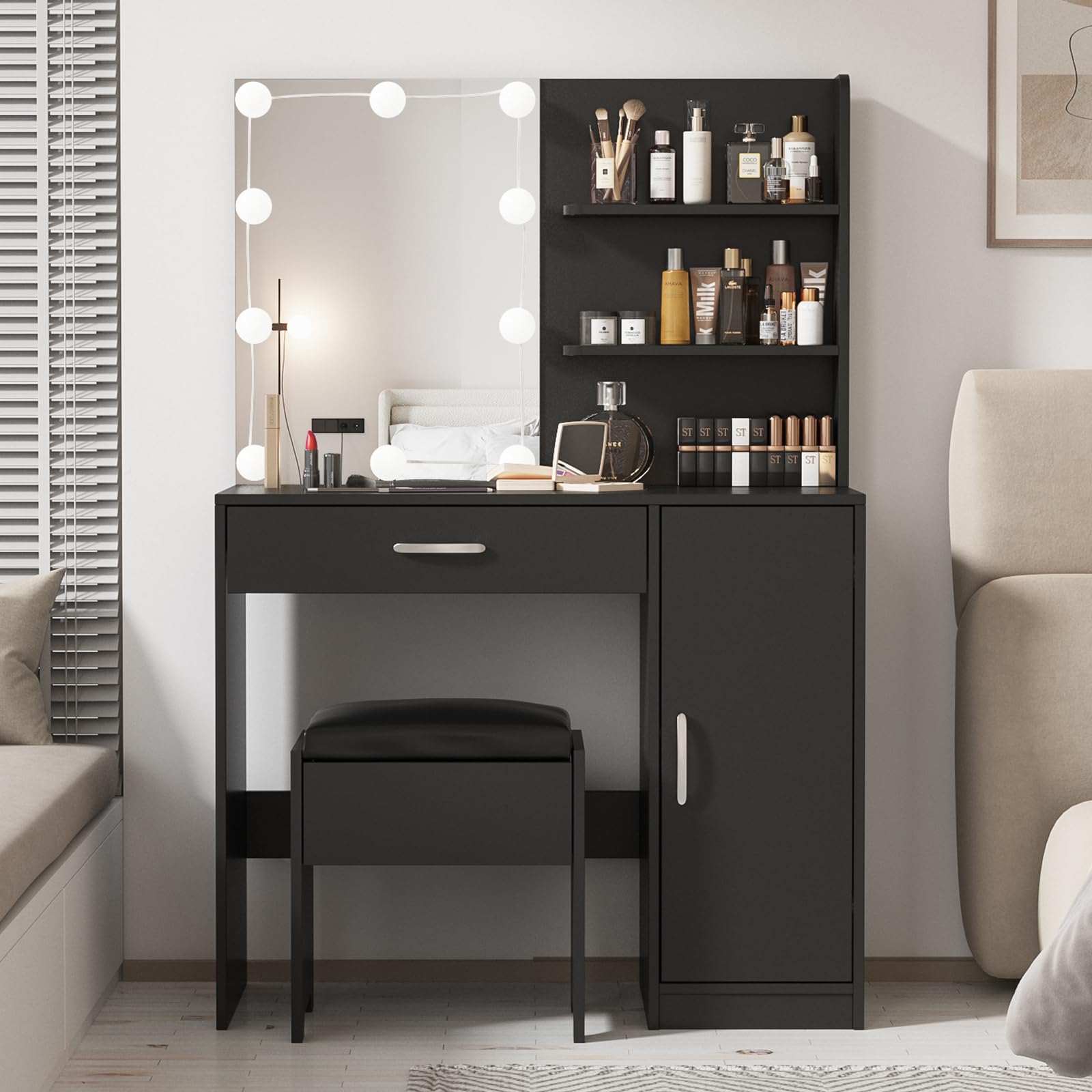 Lighted Makeup Vanity Desk with Mirror, Storage Drawers & Cabinet - Dressing Table for Bedroom & Bathroom (Black) | Perfect for Beauty Routine, Makeup Organization & Small Space Decor