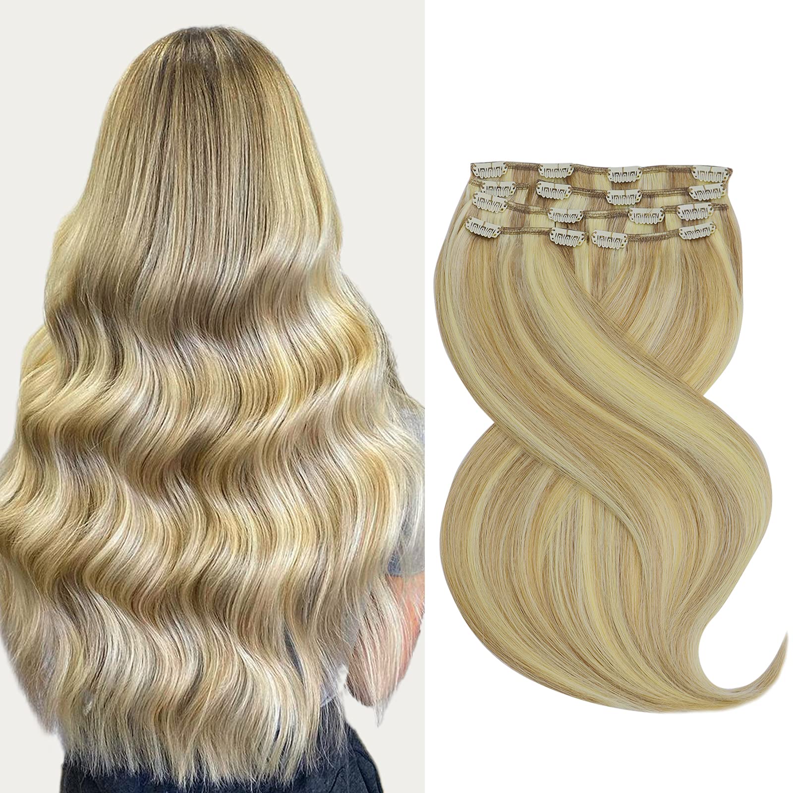 Marat Clip-In Human Hair Extensions 22 Inch 120g - Light Blonde Highlighted Golden Blonde Straight Hair Extensions for Women | Perfect for Parties, Weddings & Daily Styling