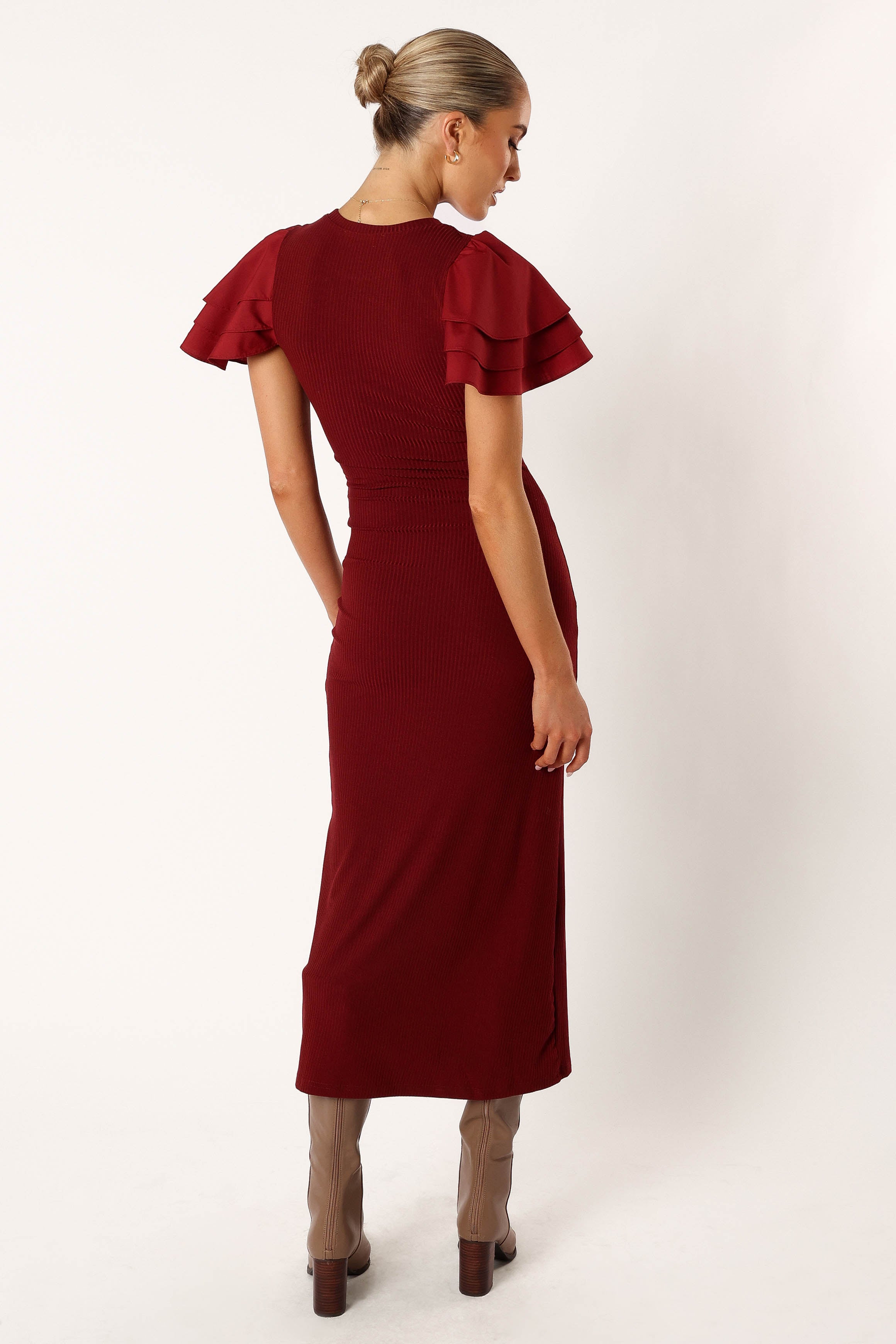 Elegant Cally Ruffle Sleeve Midi Dress in Wine Red - Perfect for Date Nights, Parties & Special Occasions