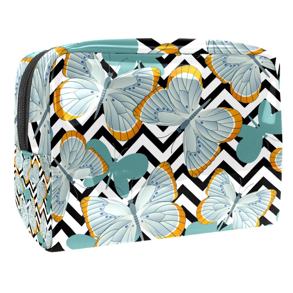 Portable Waterproof Makeup Bag with Zipper - Travel Toiletry Organizer for Women - Gray Blue Butterfly Cosmetic Pouch - Perfect for Travel, Gym & Daily Storage