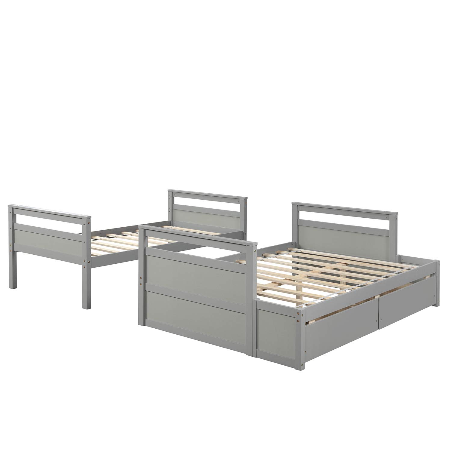 SOFTSEA Twin Over Full Bunk Bed with Storage Drawers - Sturdy Wooden Bunk Bed Frame with Safety Ladder & Guardrails for Kids & Teens - Converts to 2 Separate Beds (Grey) - Perfect for Small Bedrooms, Guest Rooms & Kids' Shared Spaces - No Box Spring Required