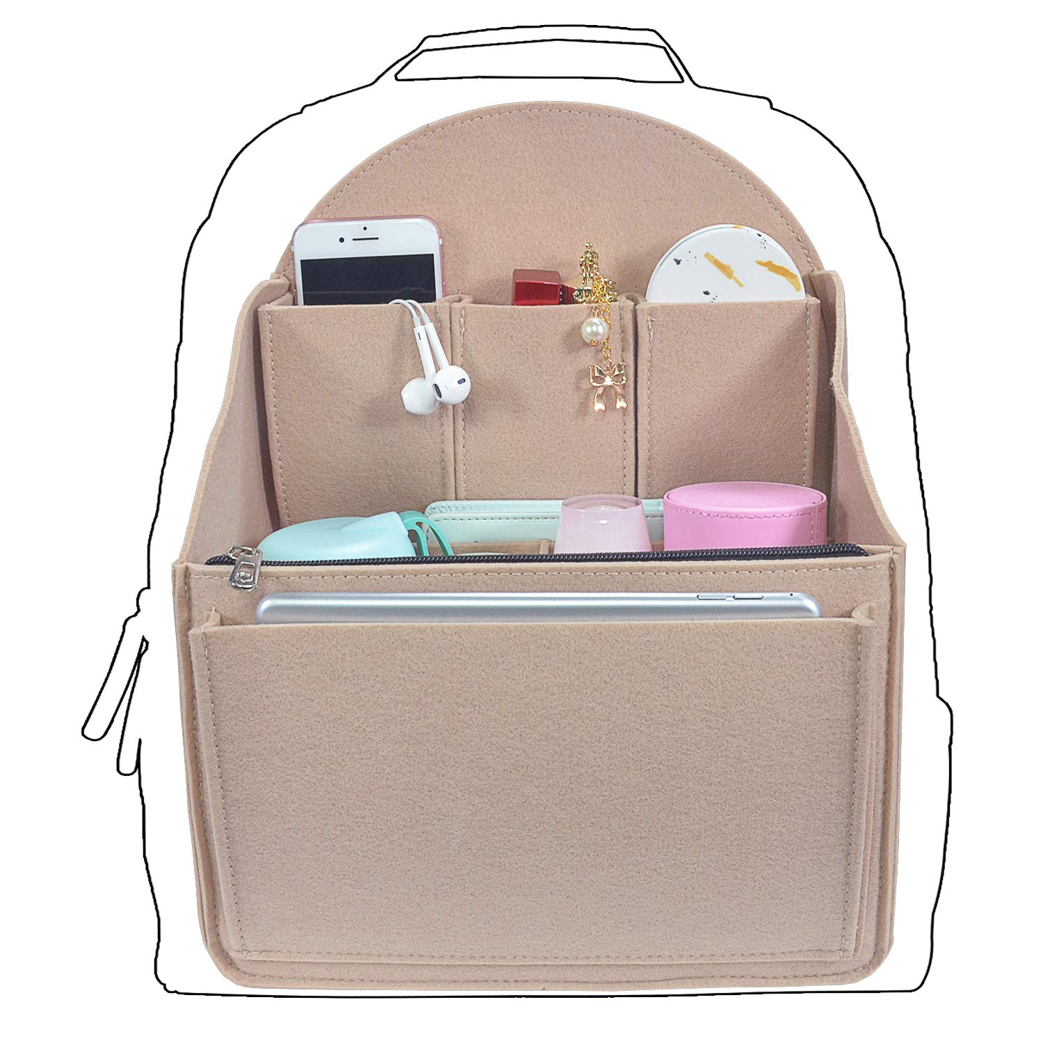Premium Felt Backpack Organizer Insert - Large Beige Purse Organizer for Men & Women - Perfect for Backpacks, Rucksacks, Handbags & Shoulder Bags - Ideal for Travel, Work & Daily Commute